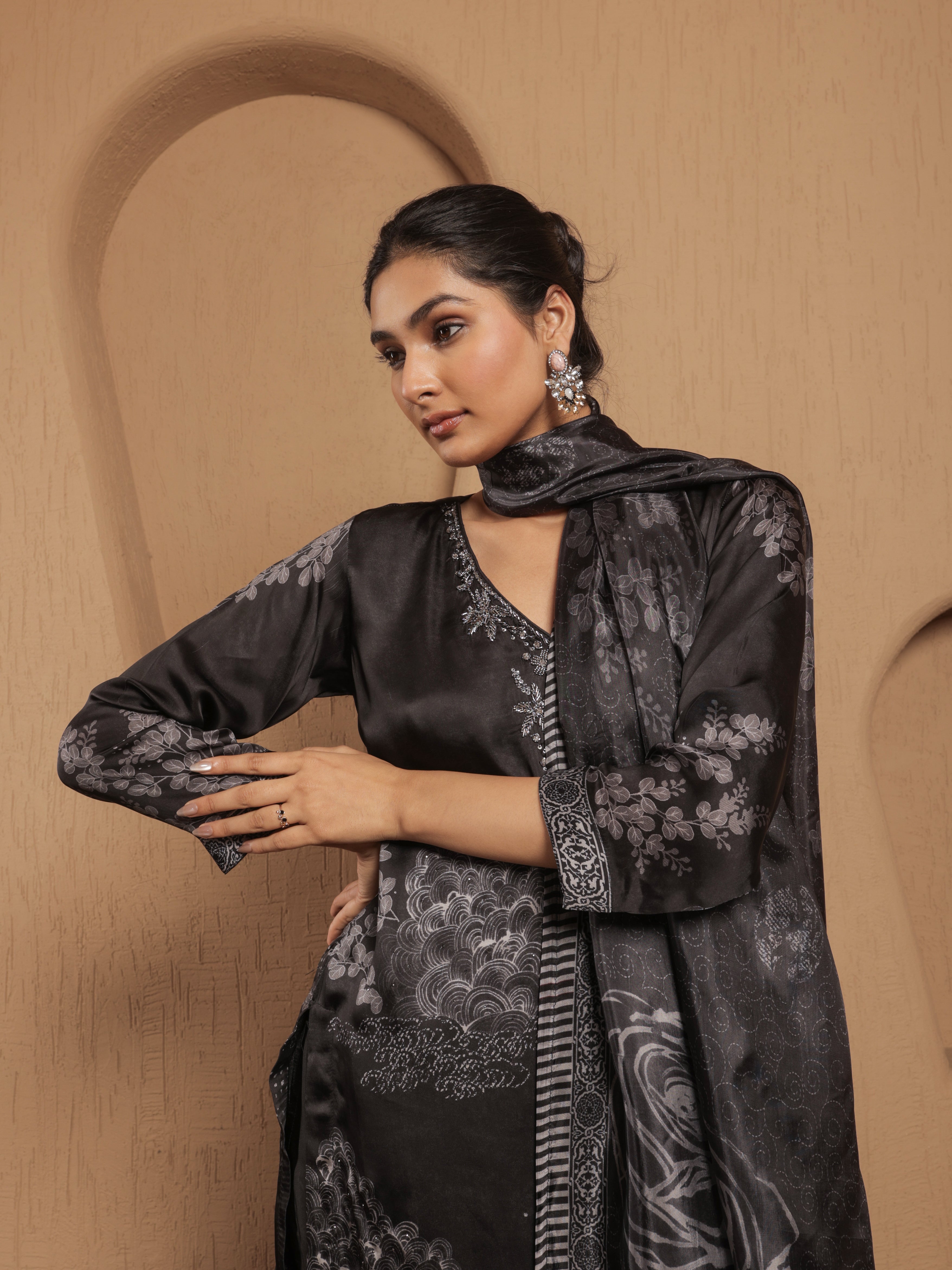 Afreen Satin Printed Kurta Set with Dupatta - Black