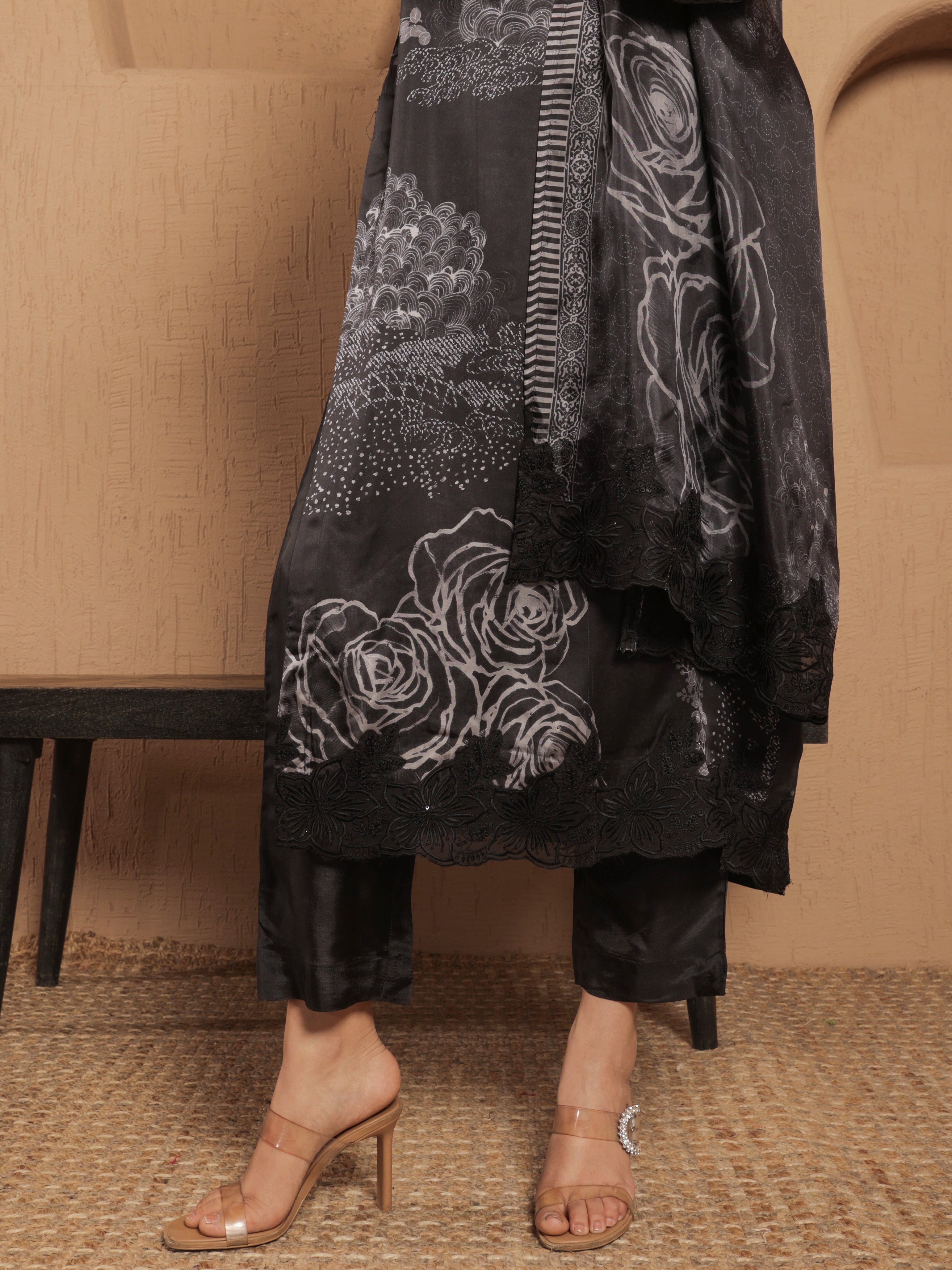 Afreen Satin Printed Kurta Set with Dupatta - Black