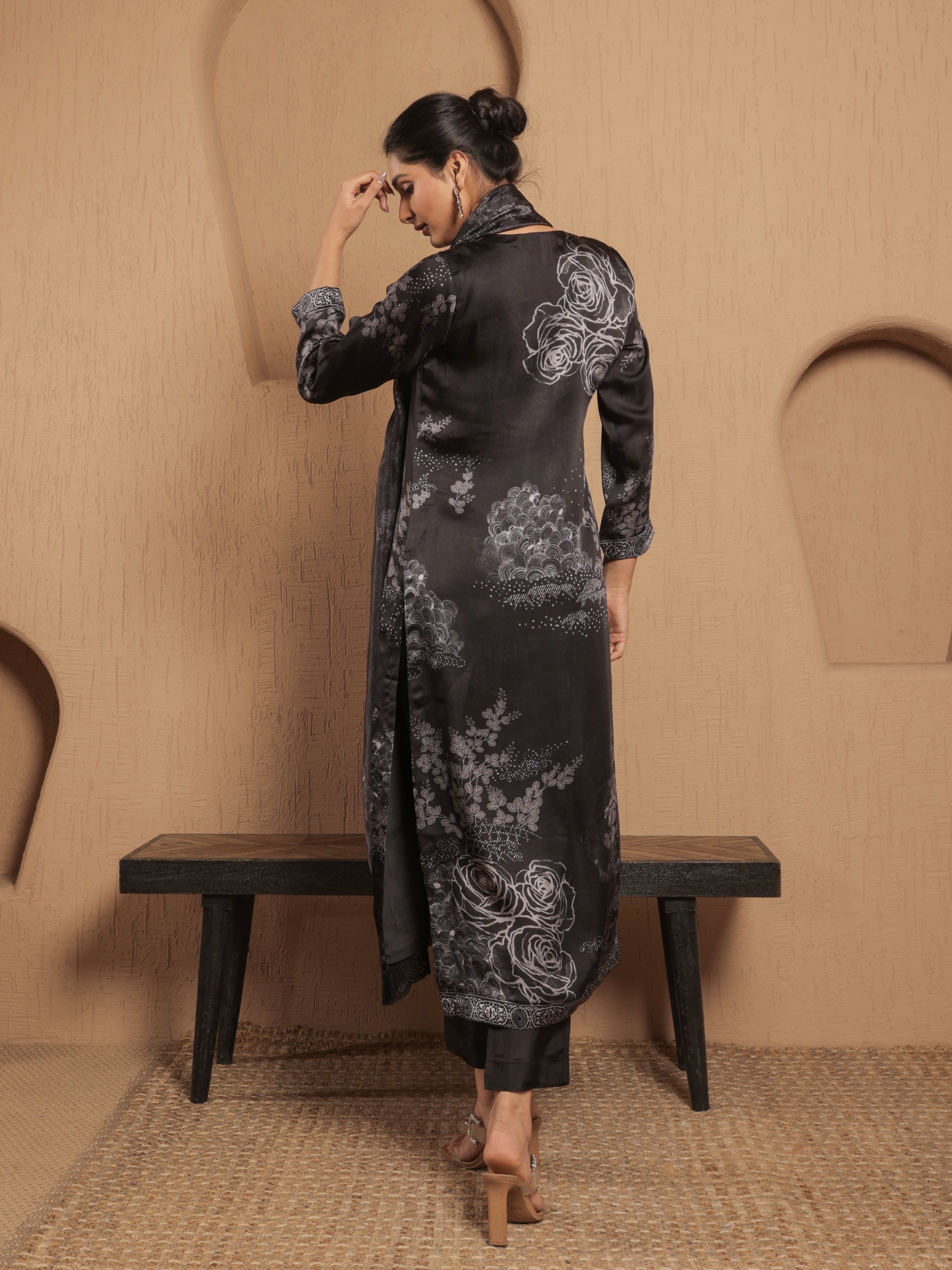 Afreen Satin Printed Kurta Set with Dupatta - Black