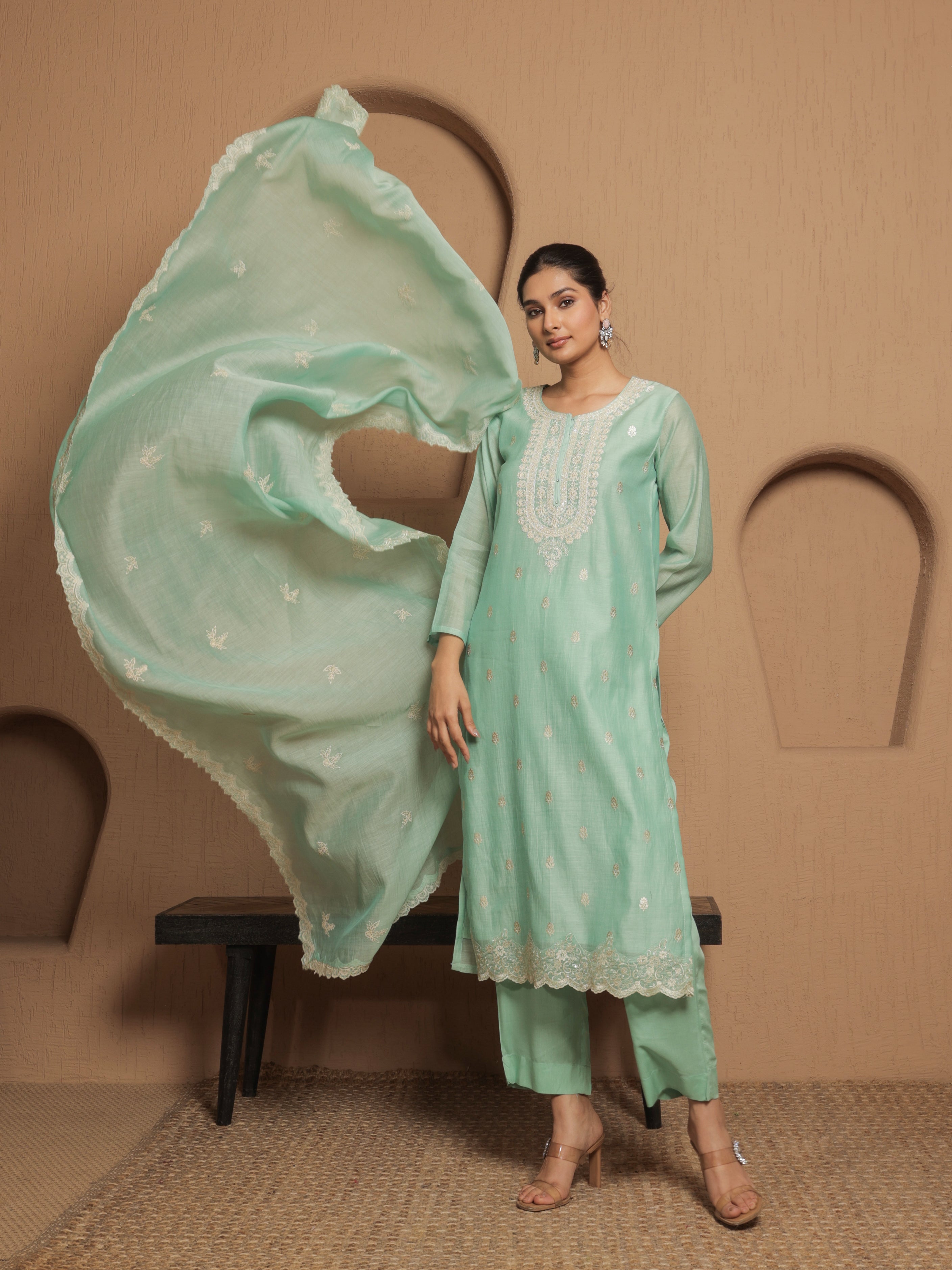 Naisha Pure Mul Chanderi Embroidered Kurta Set with Dupatta - Mint Green