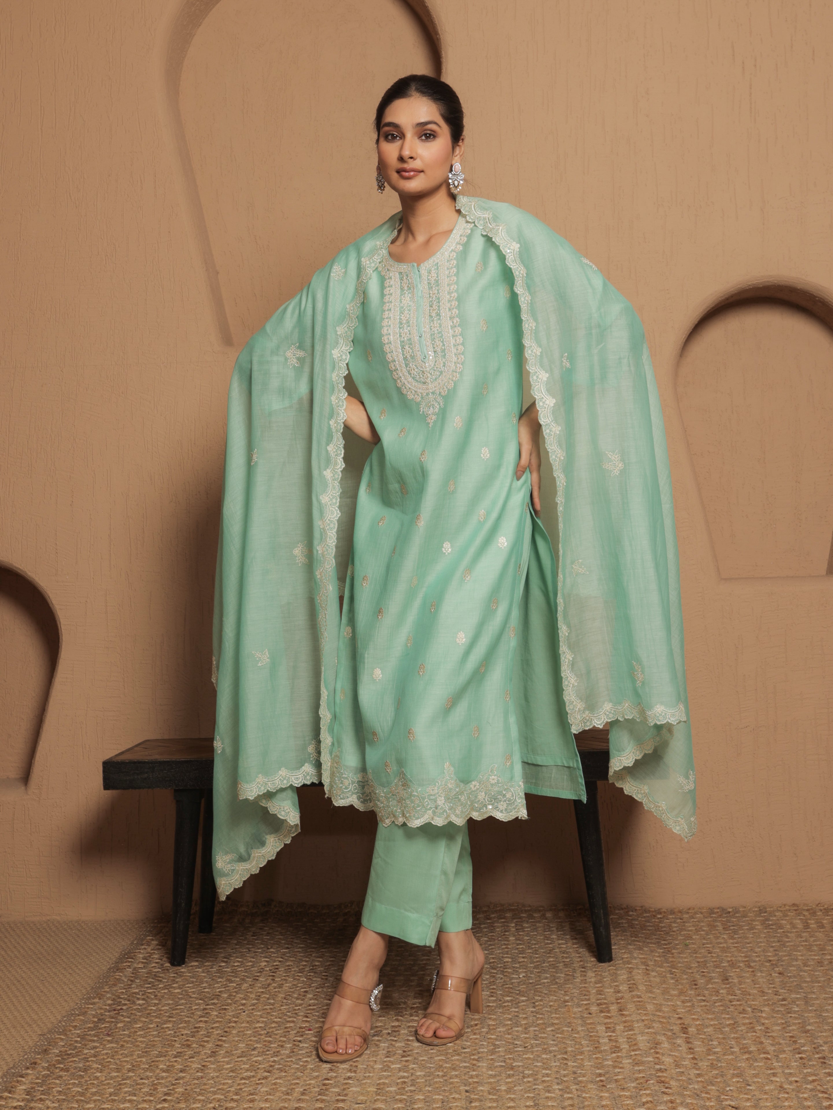 Naisha Pure Mul Chanderi Embroidered Kurta Set with Dupatta - Mint Green