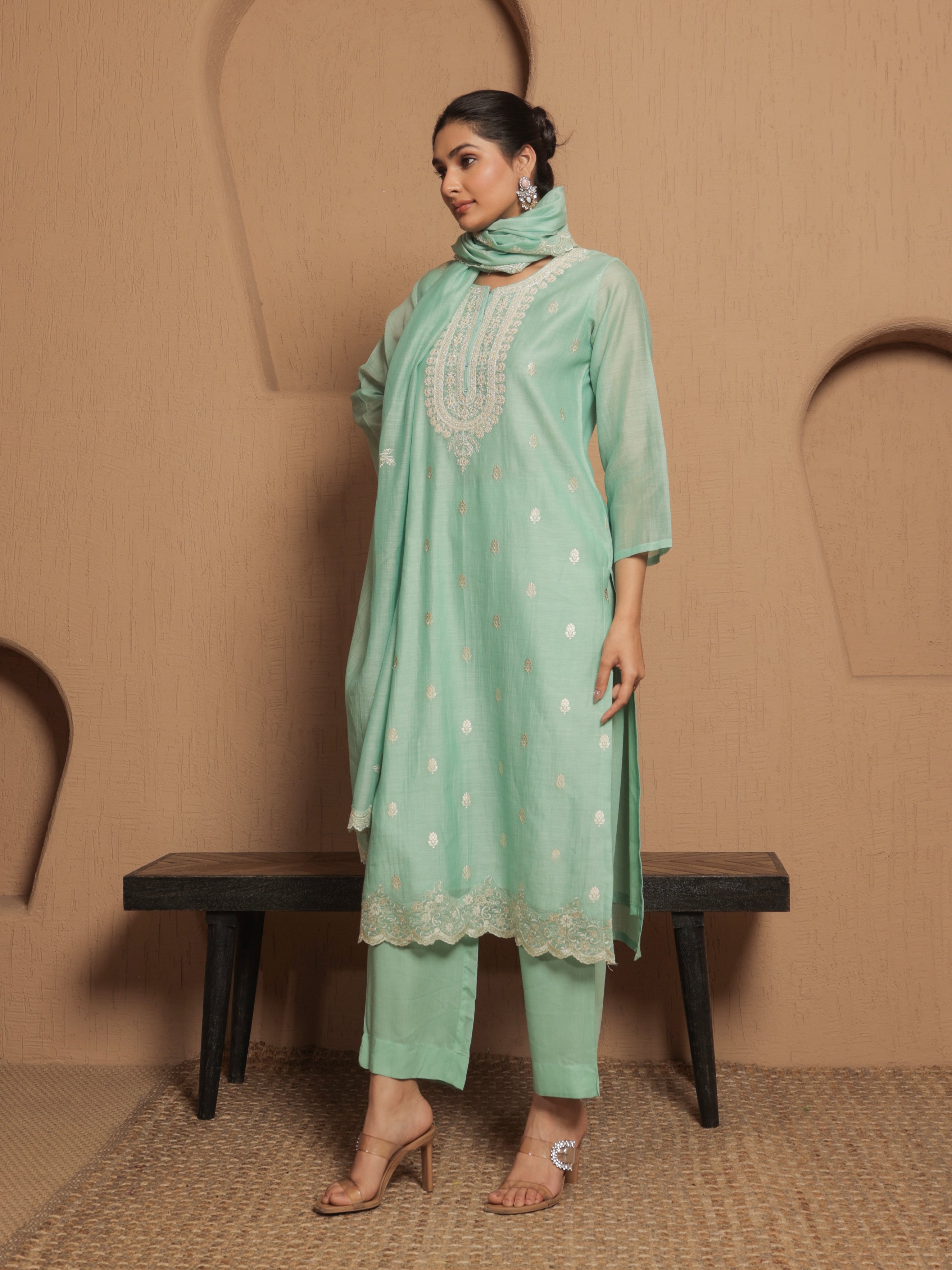 Naisha Pure Mul Chanderi Embroidered Kurta Set with Dupatta - Mint Green
