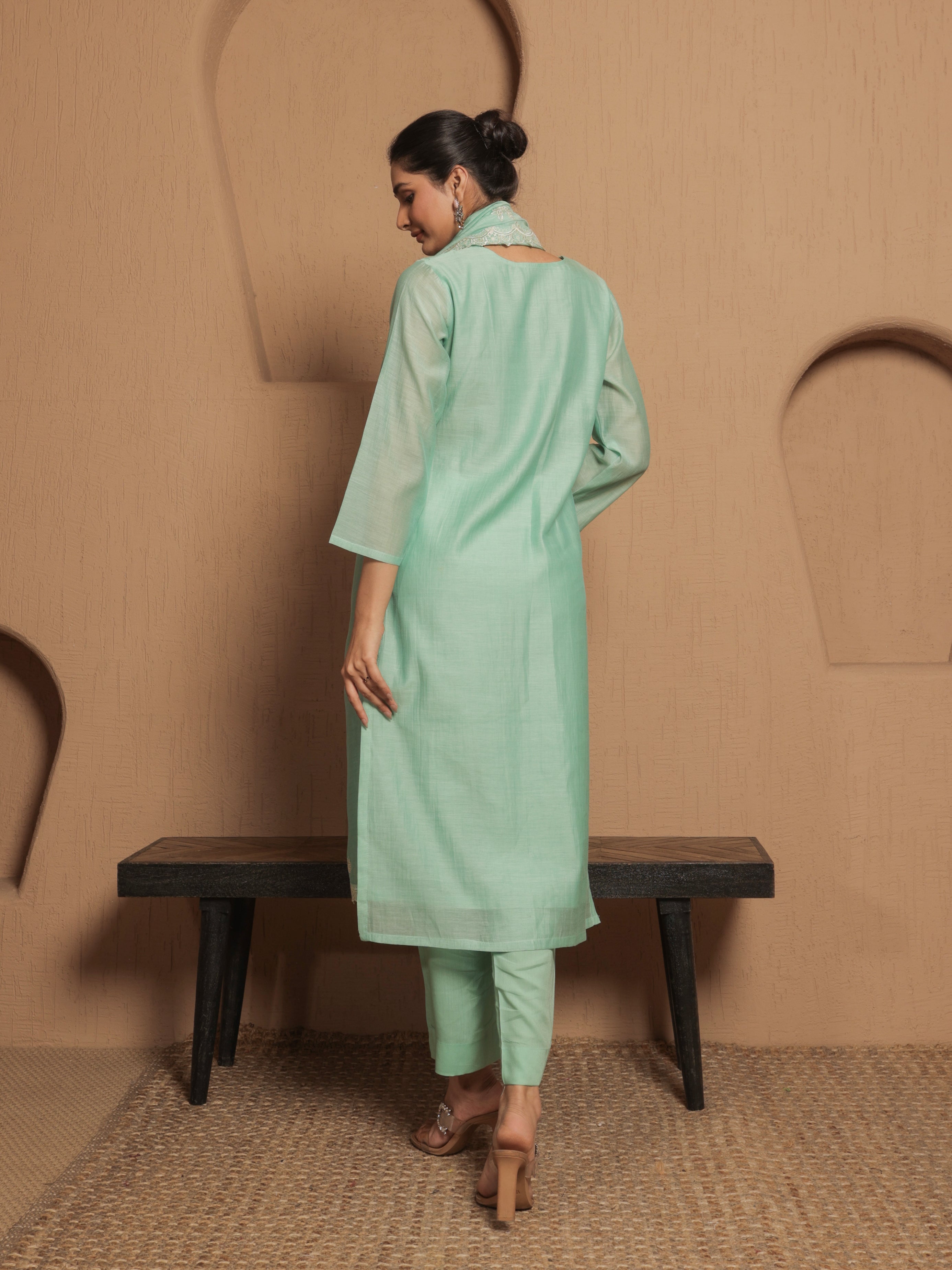 Naisha Pure Mul Chanderi Embroidered Kurta Set with Dupatta - Mint Green