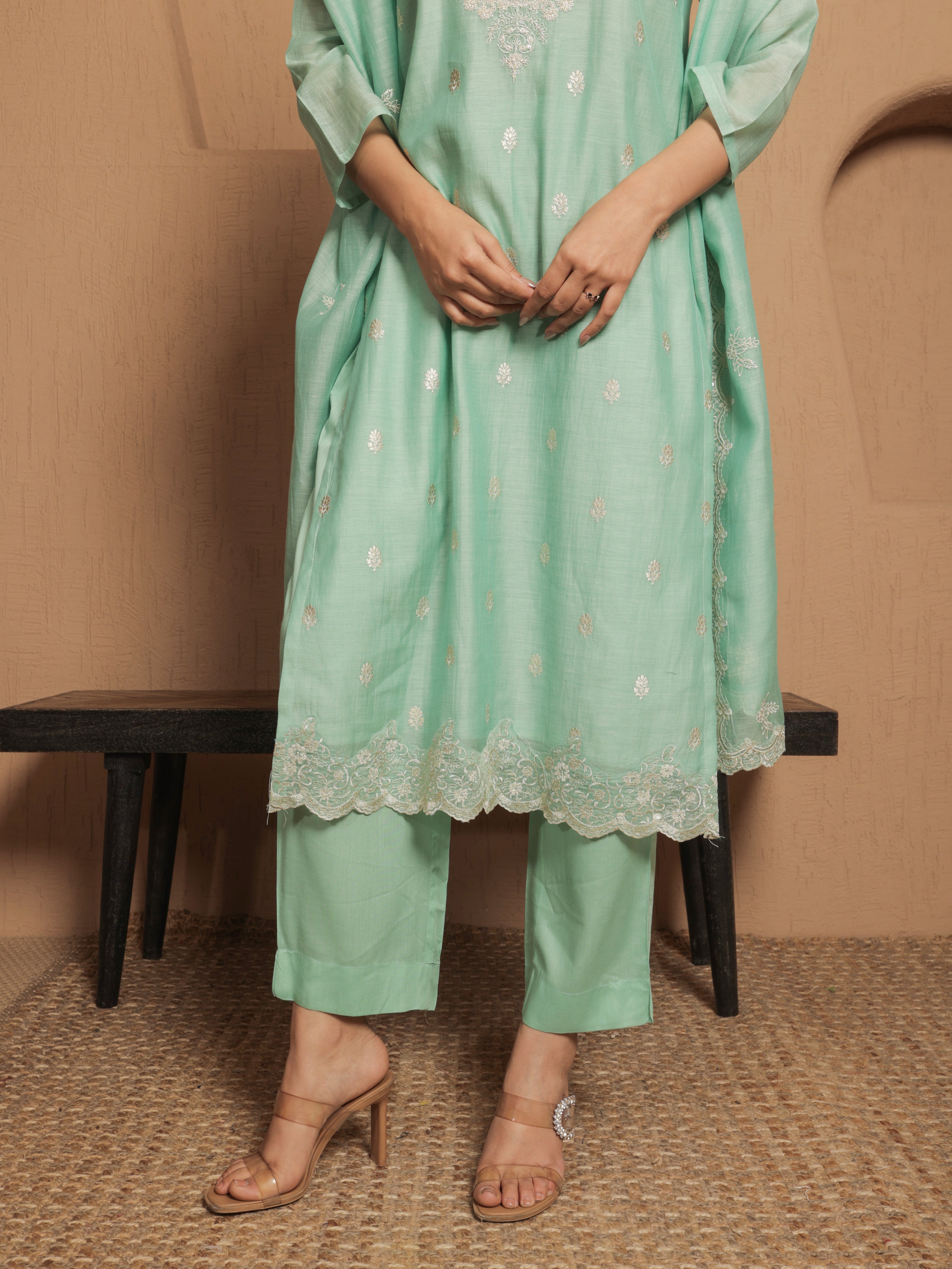 Naisha Pure Mul Chanderi Embroidered Kurta Set with Dupatta - Mint Green