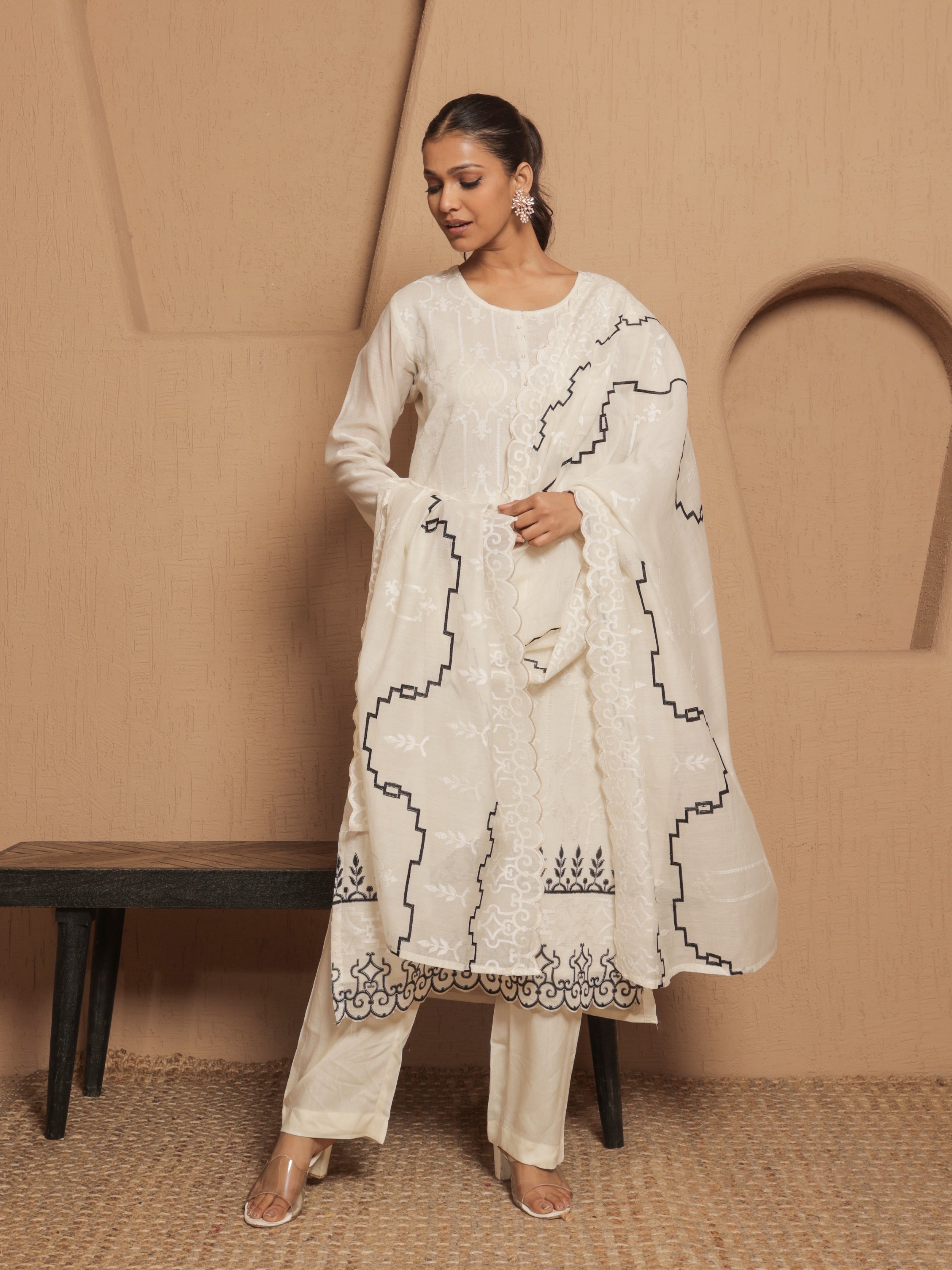 Eira Pure Mul Chanderi Embroidered Kurta Set with Dupatta - Ivory