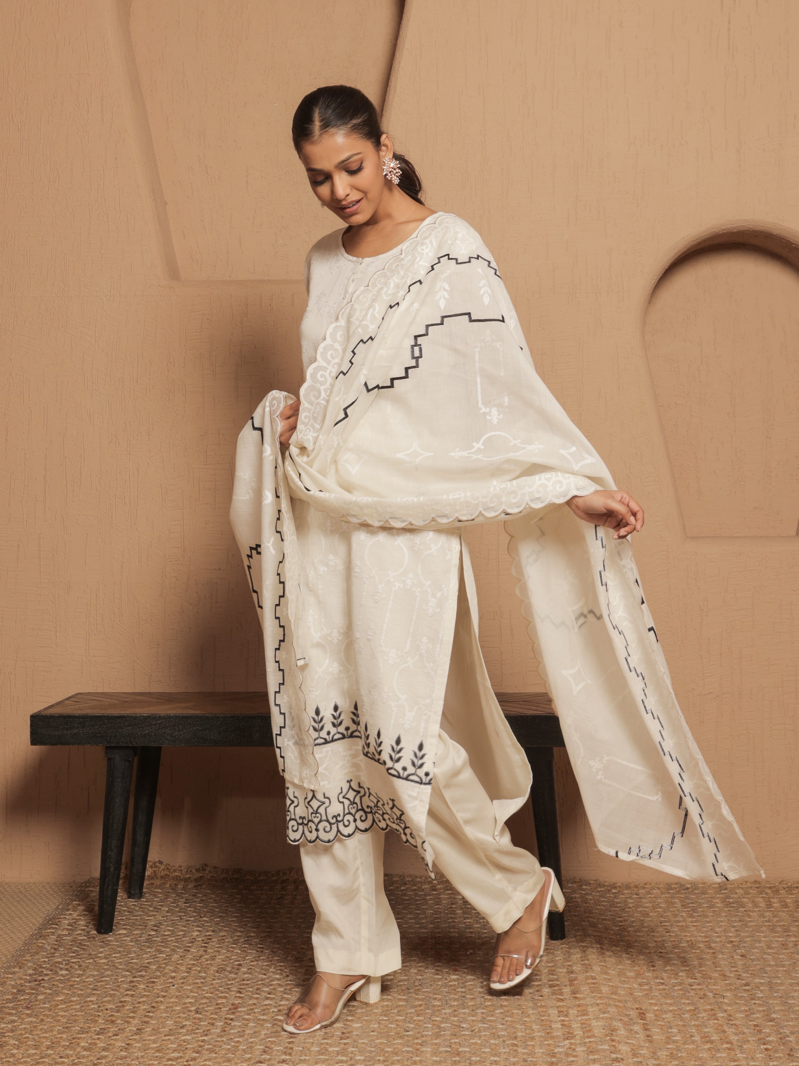 Eira Pure Mul Chanderi Embroidered Kurta Set with Dupatta - Ivory