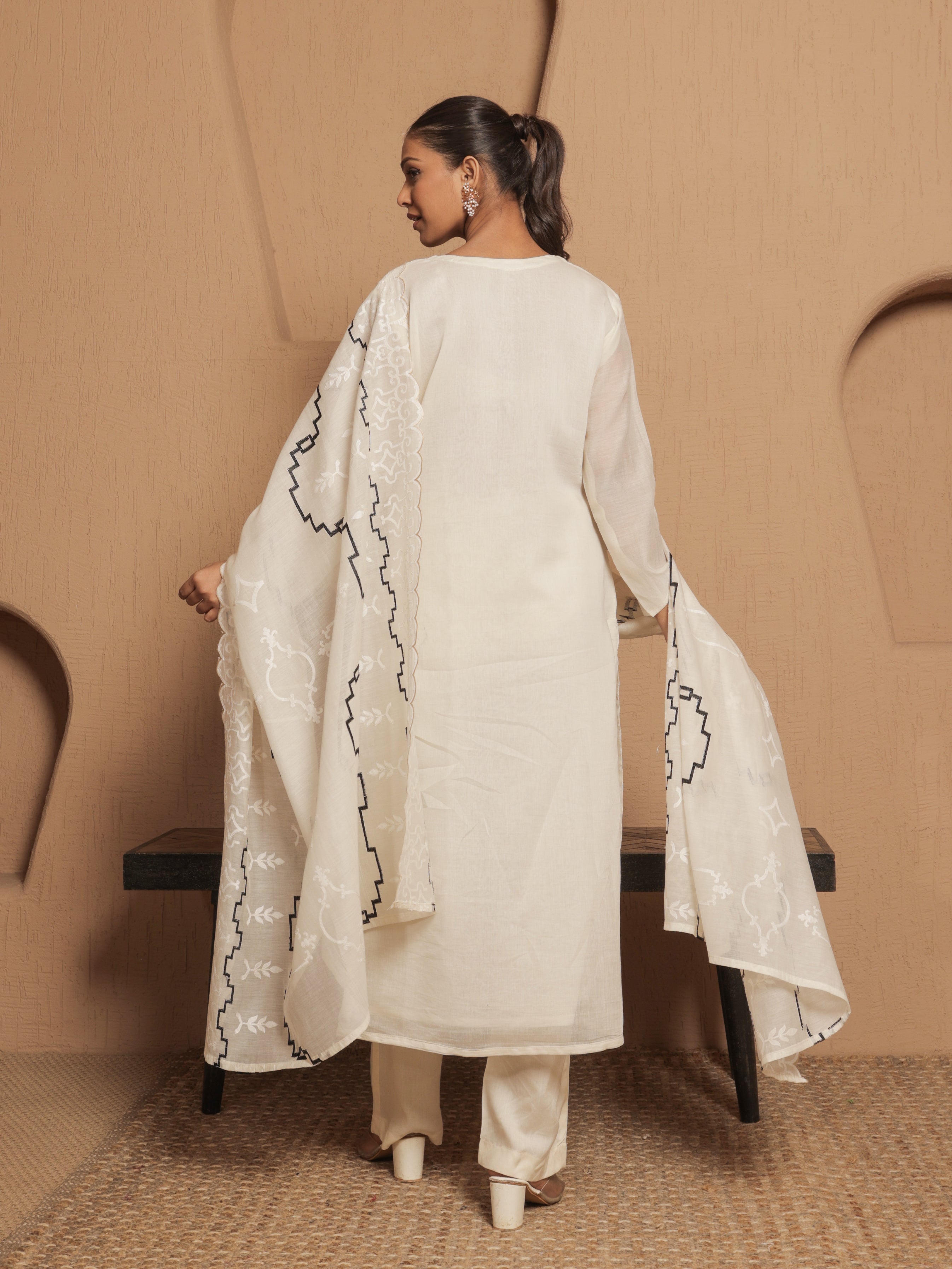 Eira Pure Mul Chanderi Embroidered Kurta Set with Dupatta - Ivory
