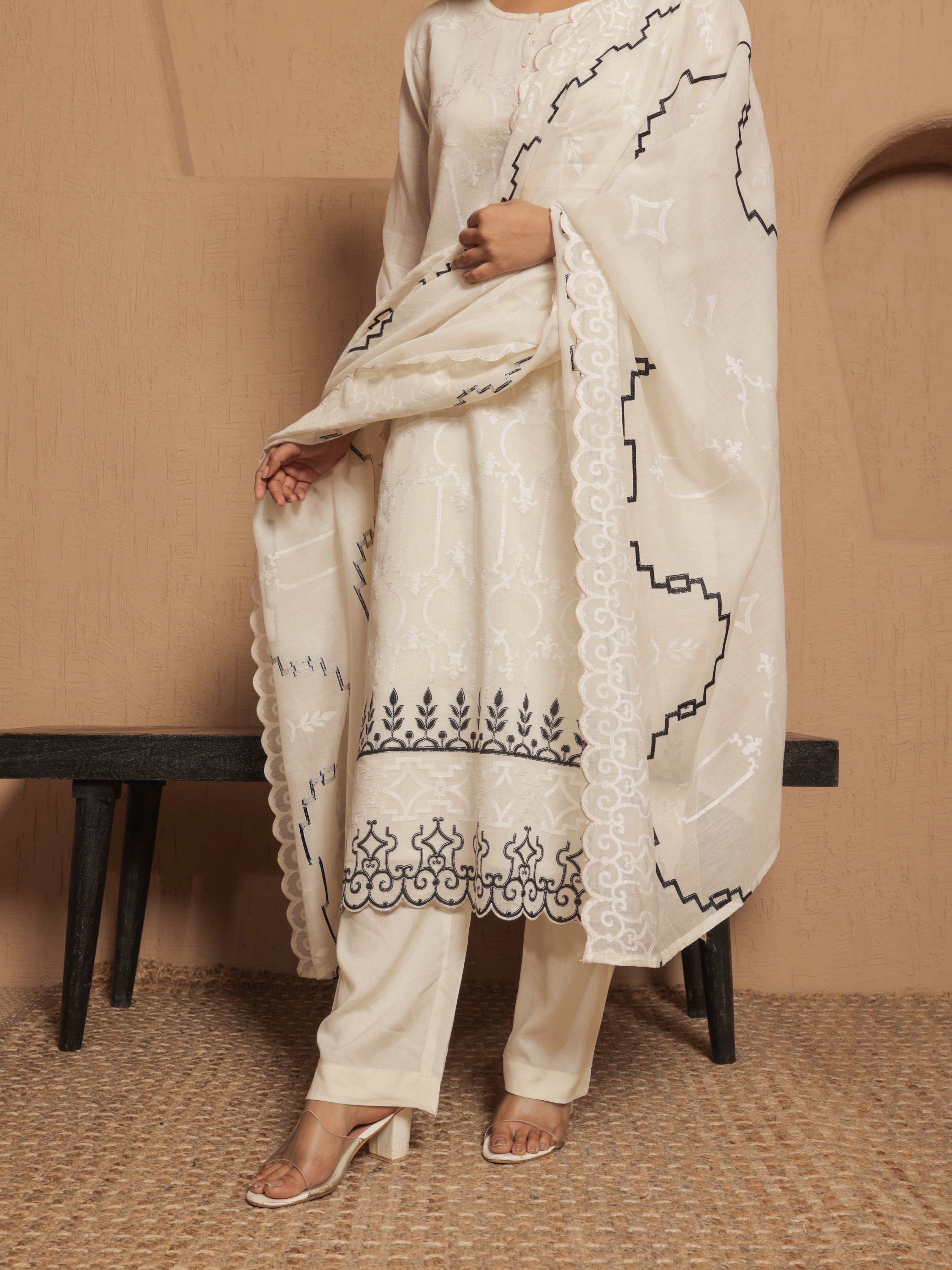 Eira Pure Mul Chanderi Embroidered Kurta Set with Dupatta - Ivory