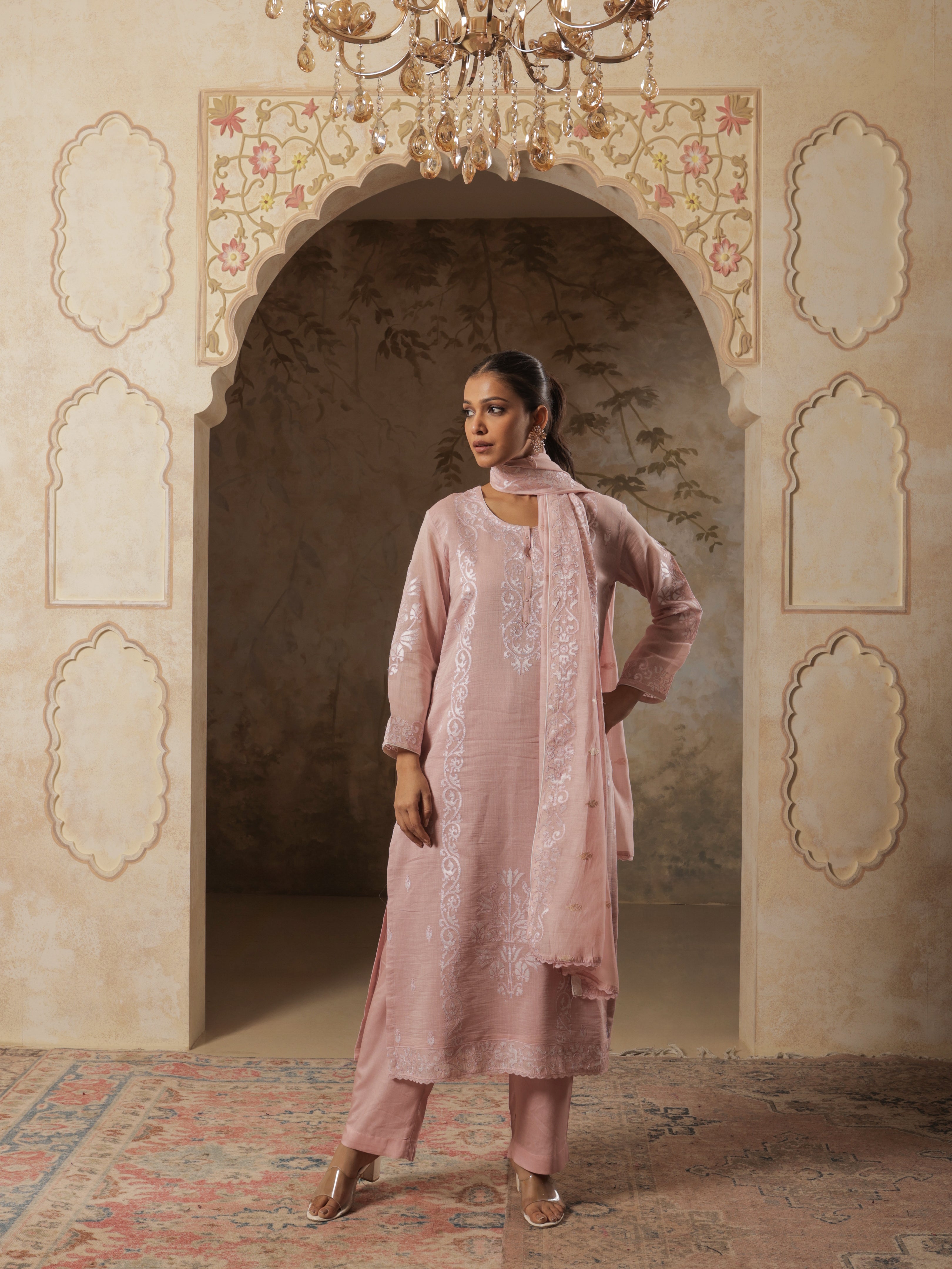 Naaz Pure Mul Chanderi Embroidered Kurta Set with Dupatta - Blush Pink