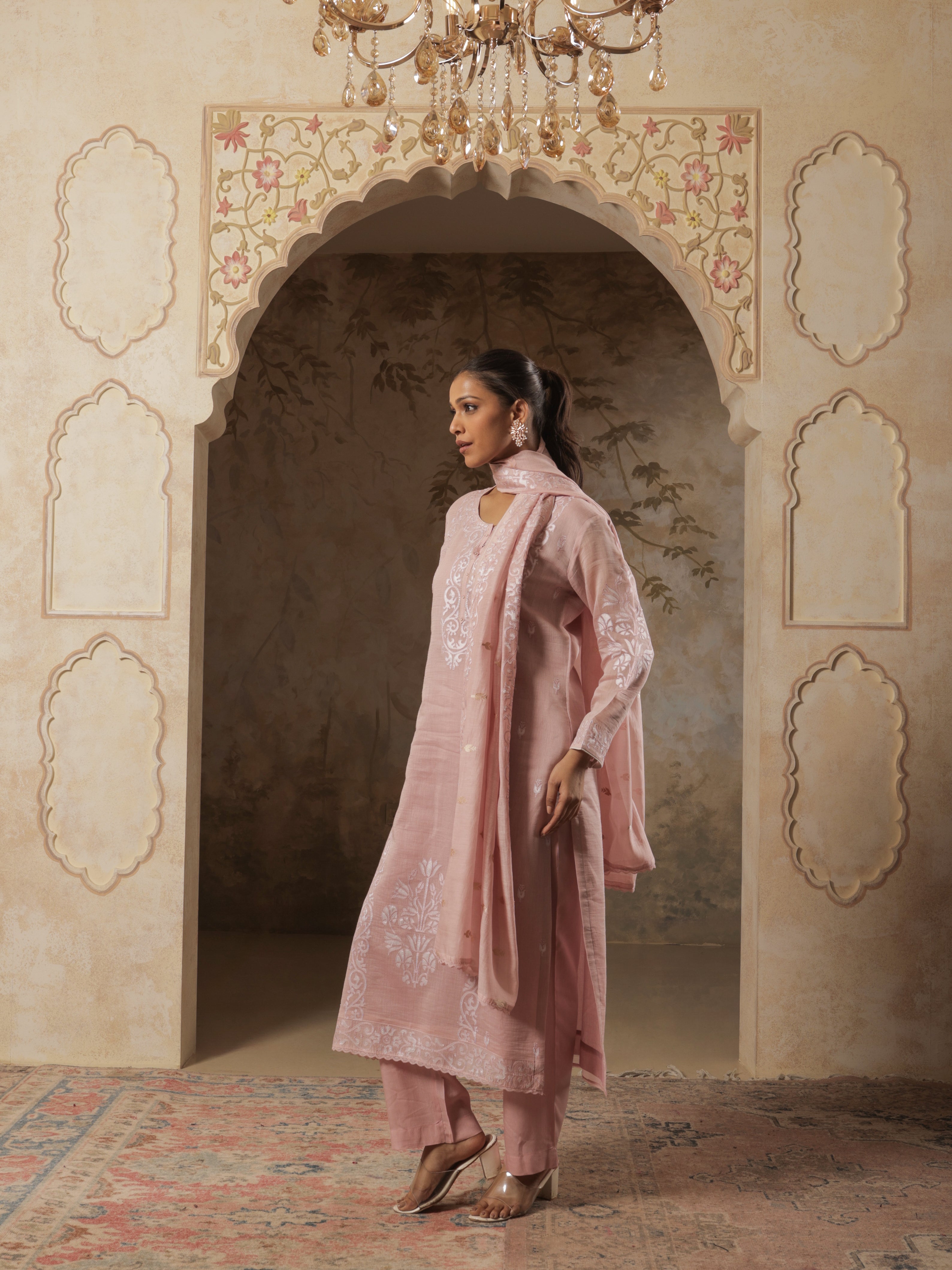 Naaz Pure Mul Chanderi Embroidered Kurta Set with Dupatta - Blush Pink