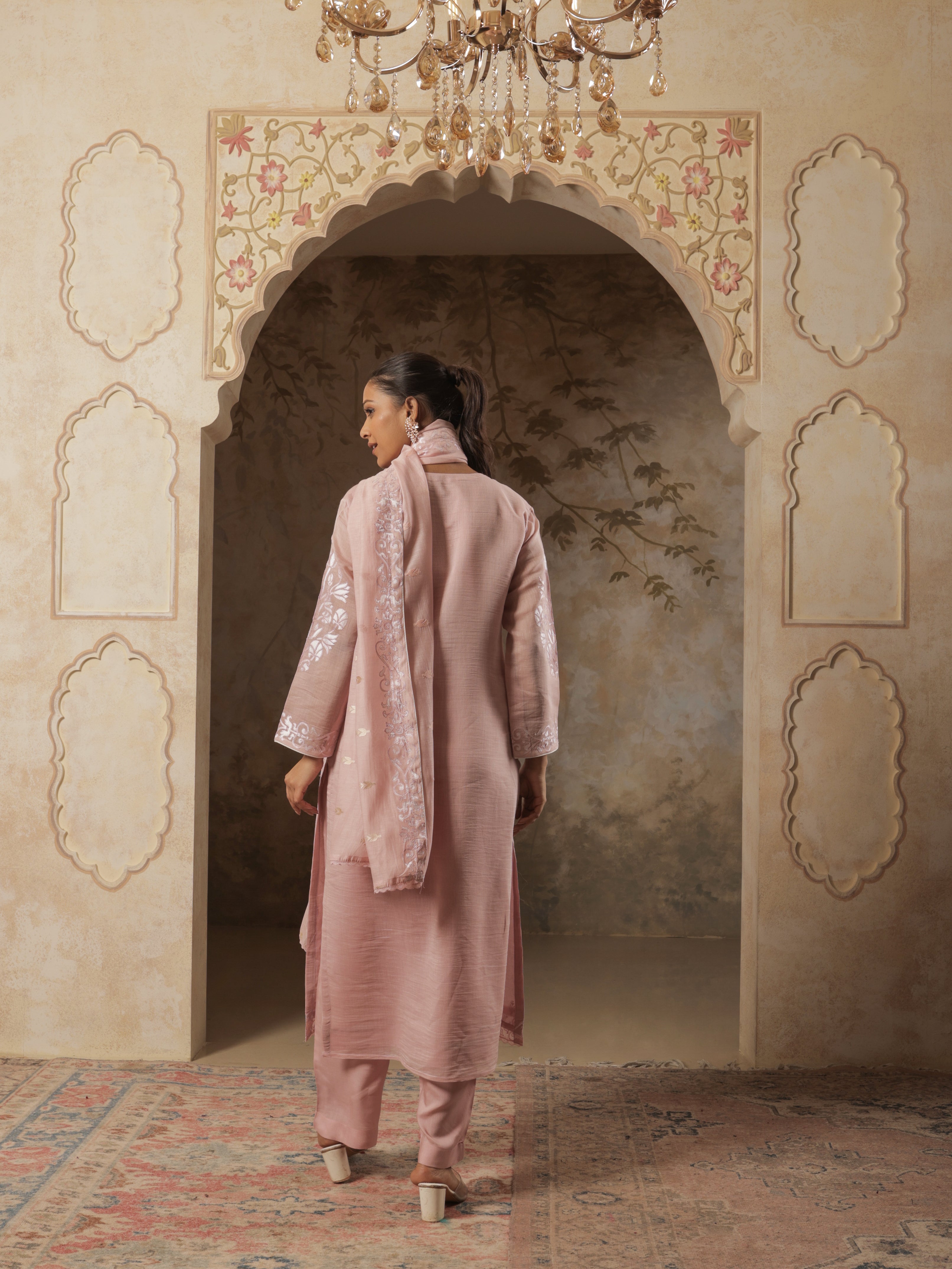 Naaz Pure Mul Chanderi Embroidered Kurta Set with Dupatta - Blush Pink