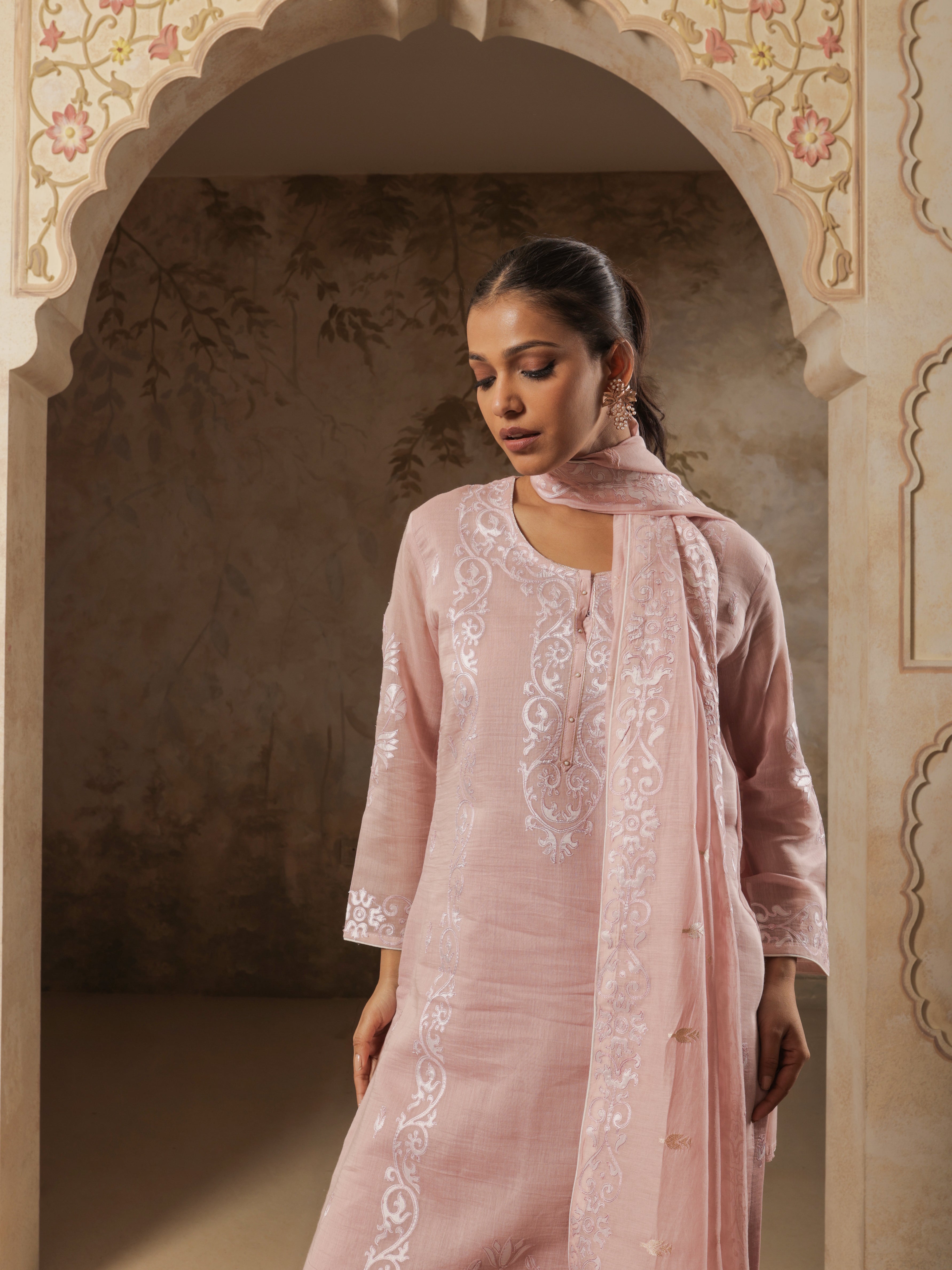 Naaz Pure Mul Chanderi Embroidered Kurta Set with Dupatta - Blush Pink