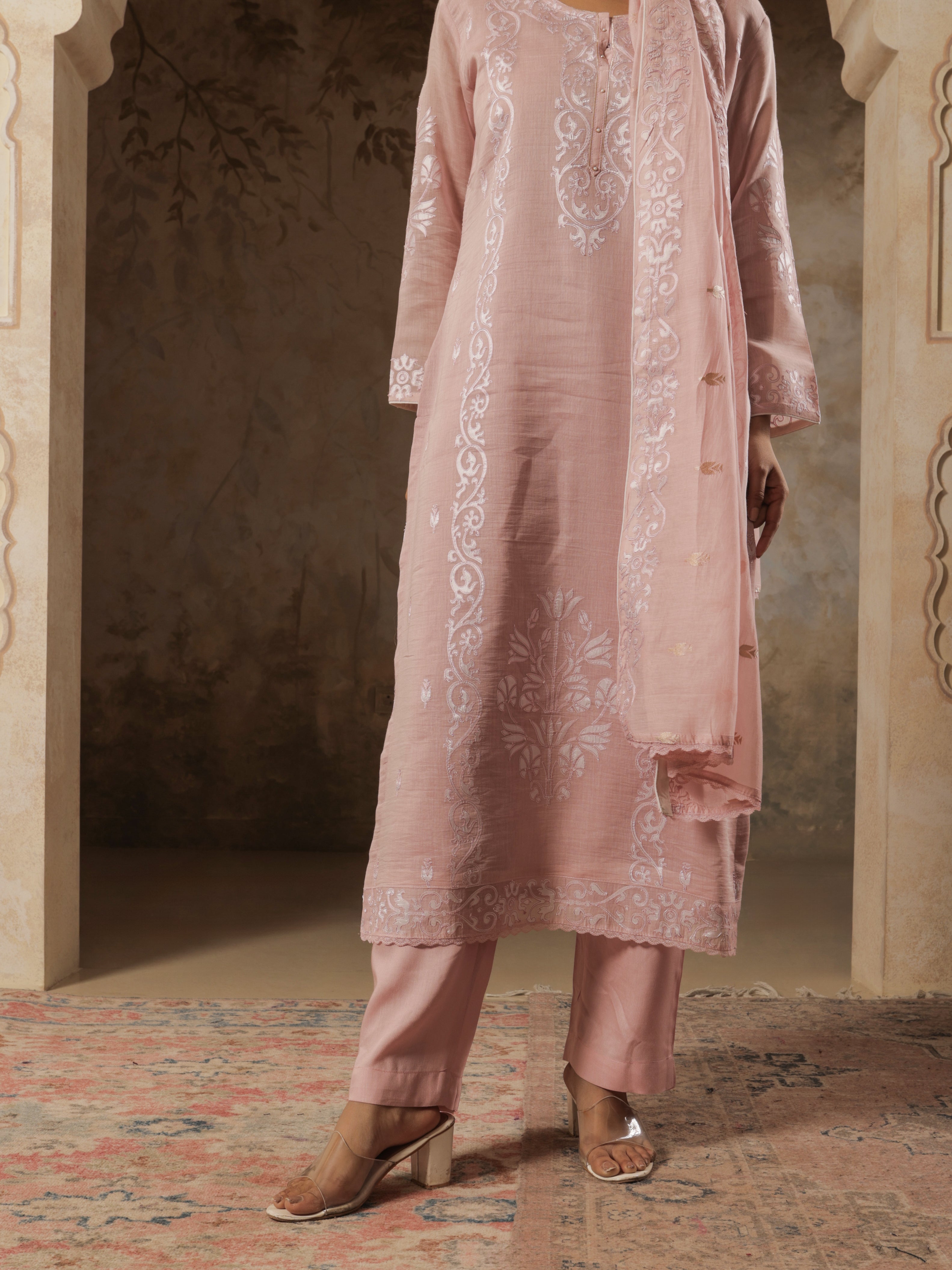 Naaz Pure Mul Chanderi Embroidered Kurta Set with Dupatta - Blush Pink