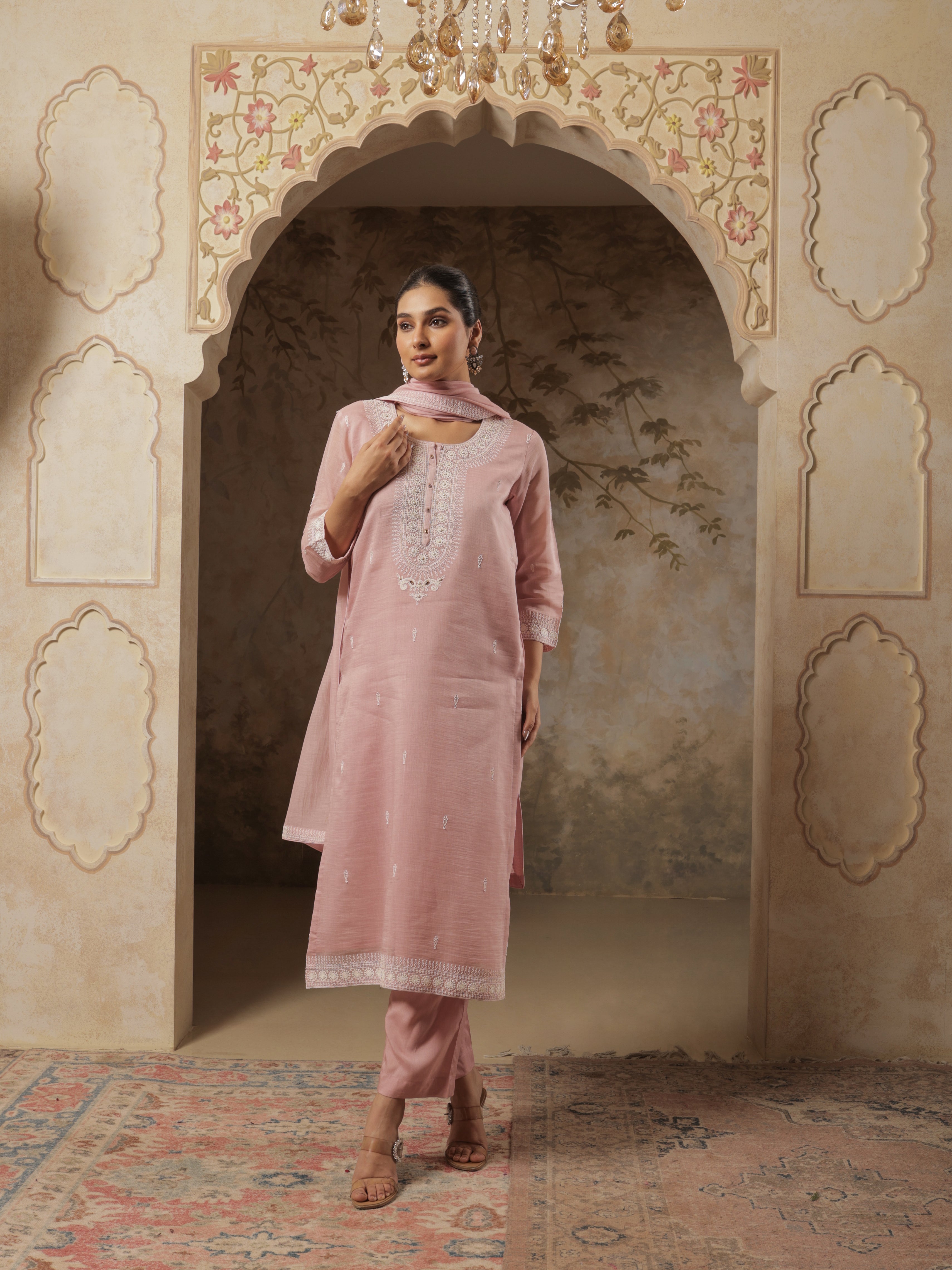 Aavya Pure Mul Chanderi Embroidered Kurta Set with Dupatta