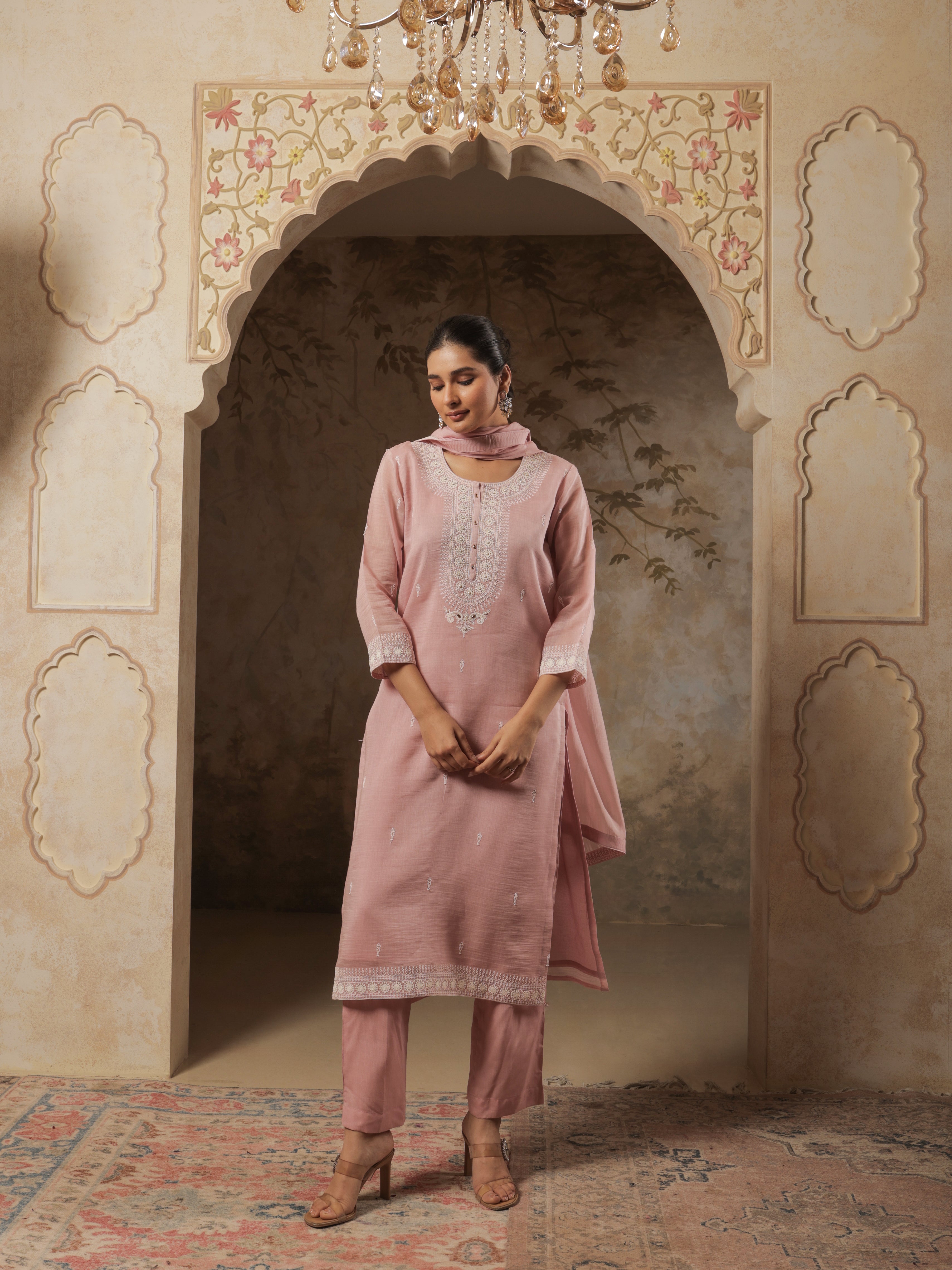 Aavya Pure Mul Chanderi Embroidered Kurta Set with Dupatta