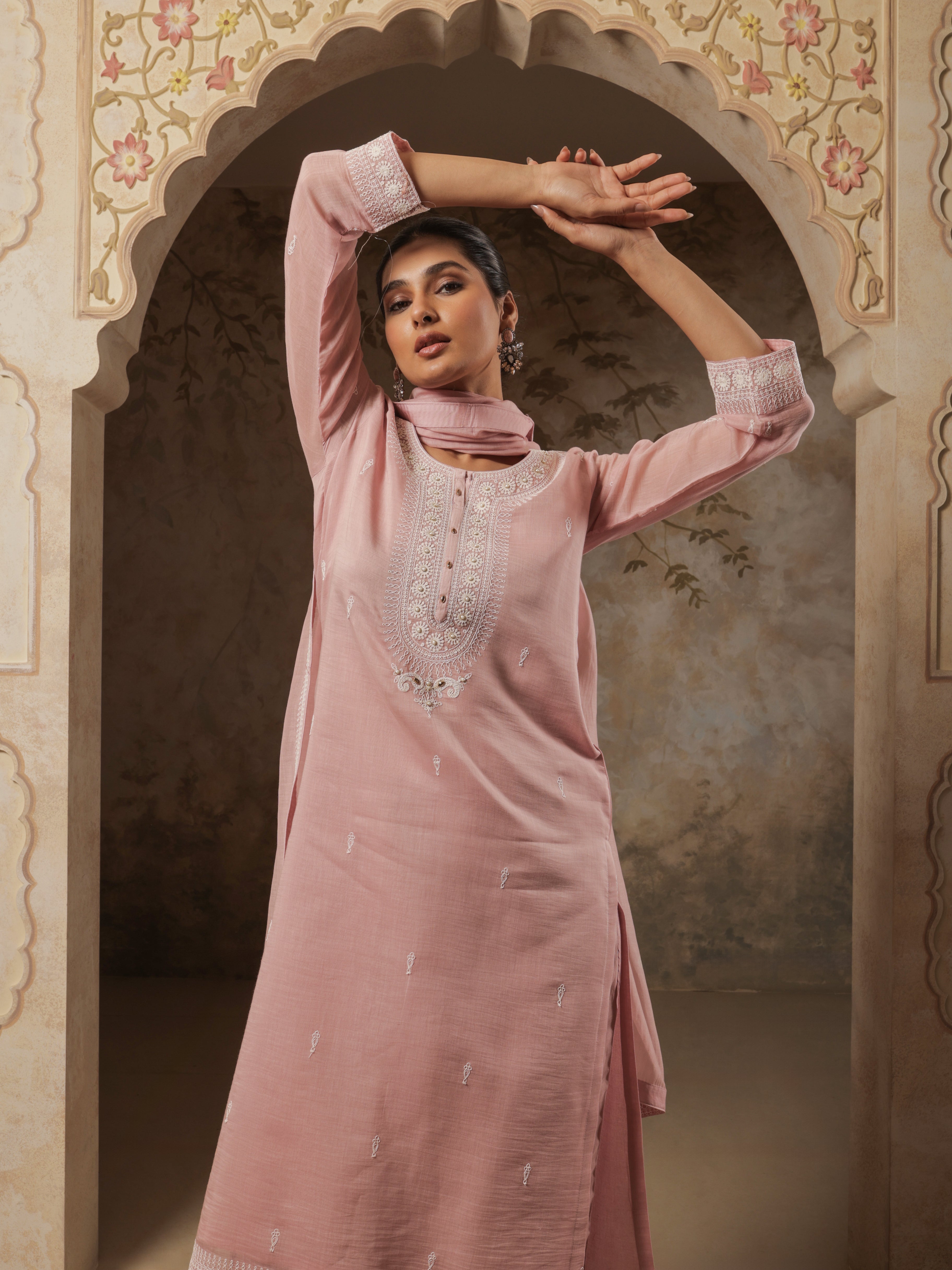 Aavya Pure Mul Chanderi Embroidered Kurta Set with Dupatta
