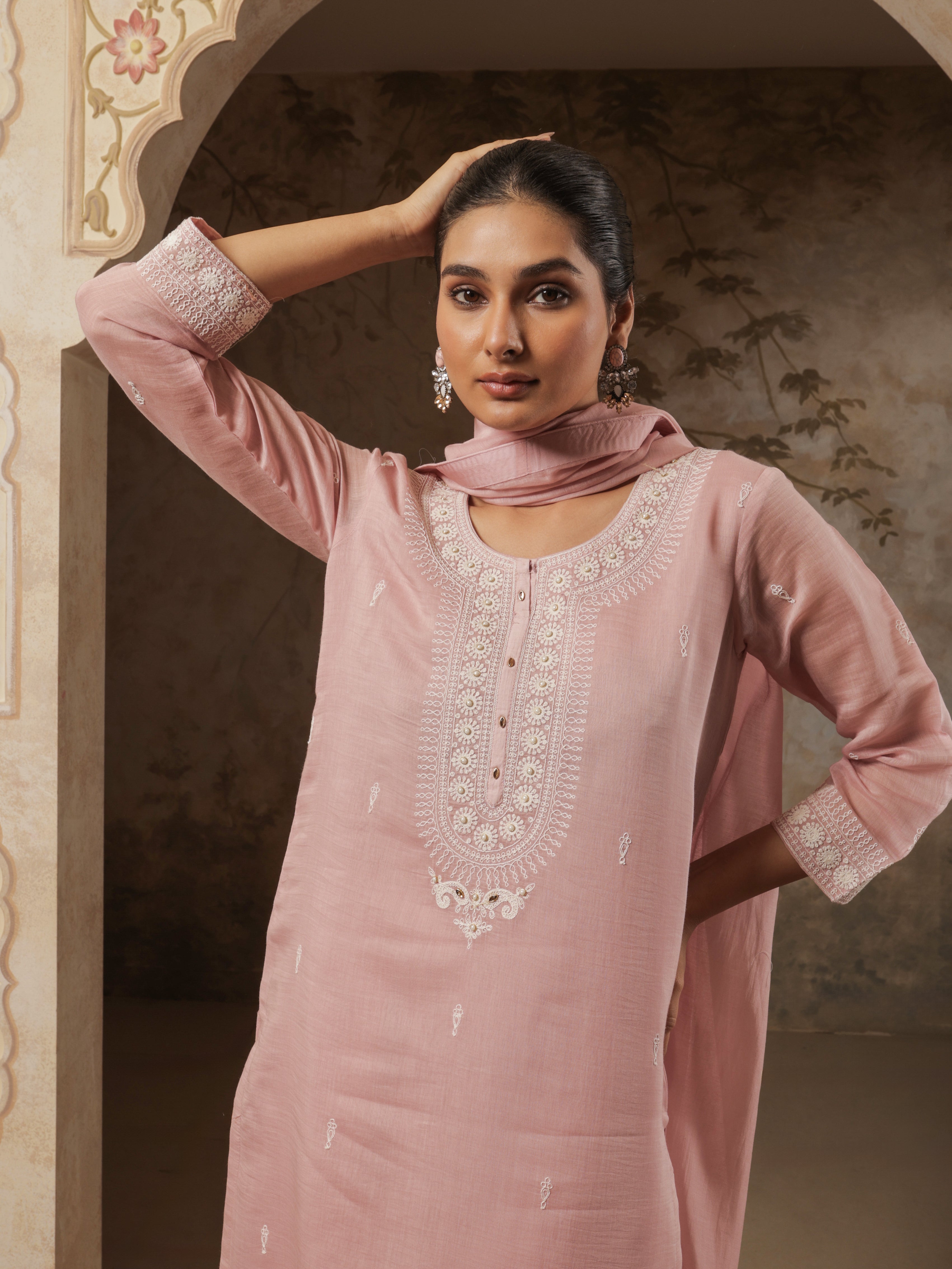 Aavya Pure Mul Chanderi Embroidered Kurta Set with Dupatta