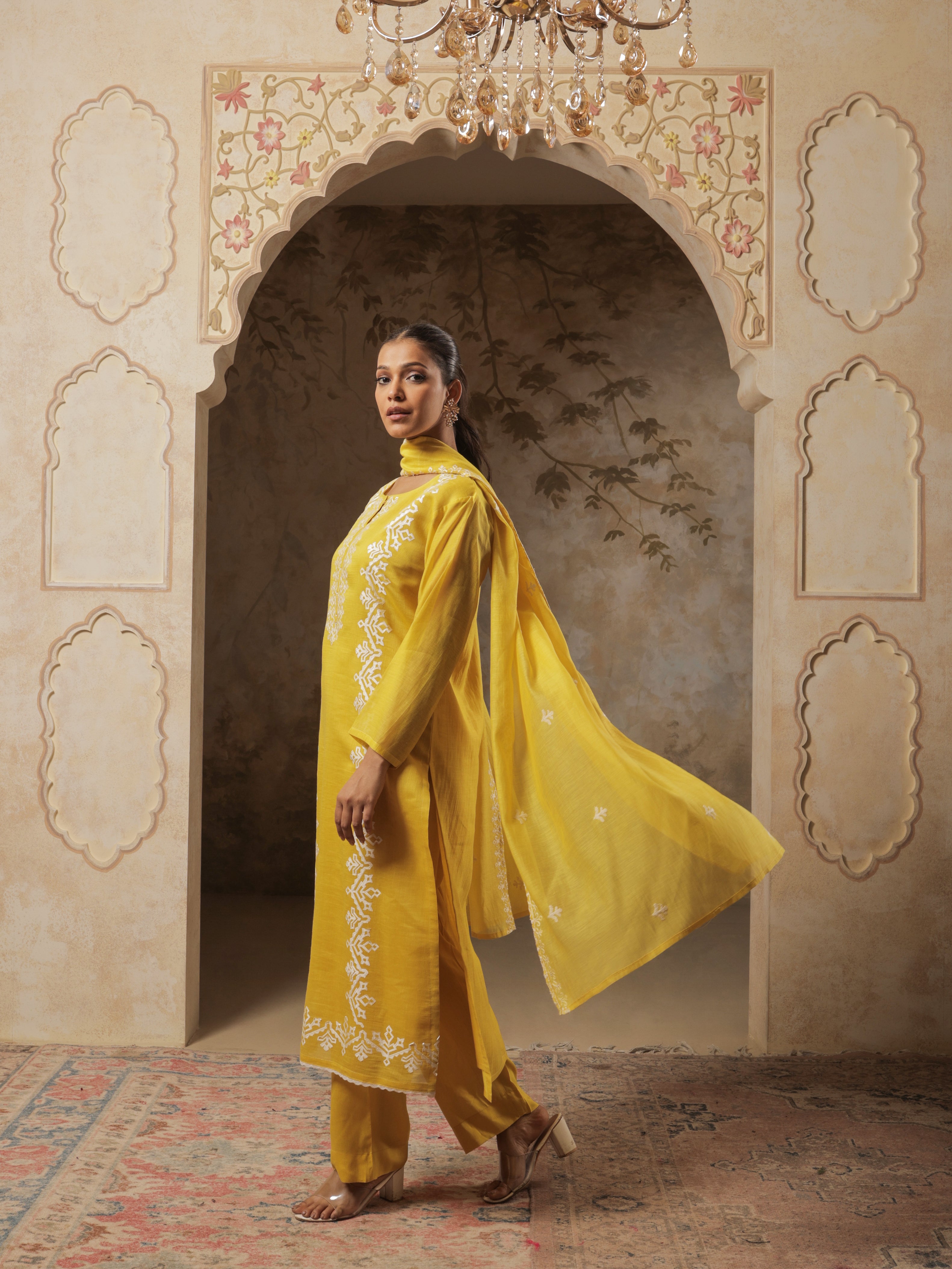 Suhana Pure Mul Chanderi Embroidered Kurta Set with Dupatta - Golden Mustard