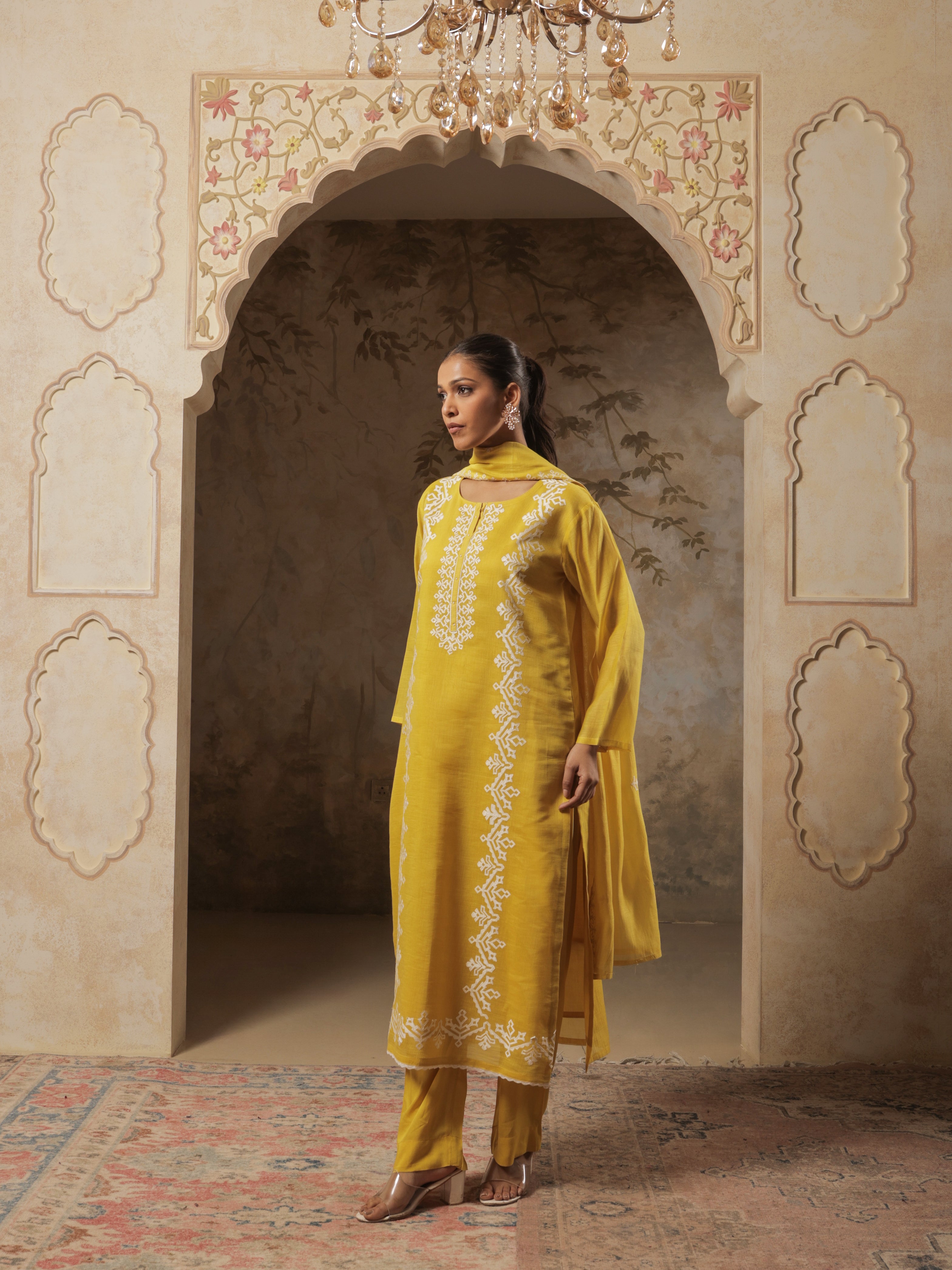 Suhana Pure Mul Chanderi Embroidered Kurta Set with Dupatta - Golden Mustard