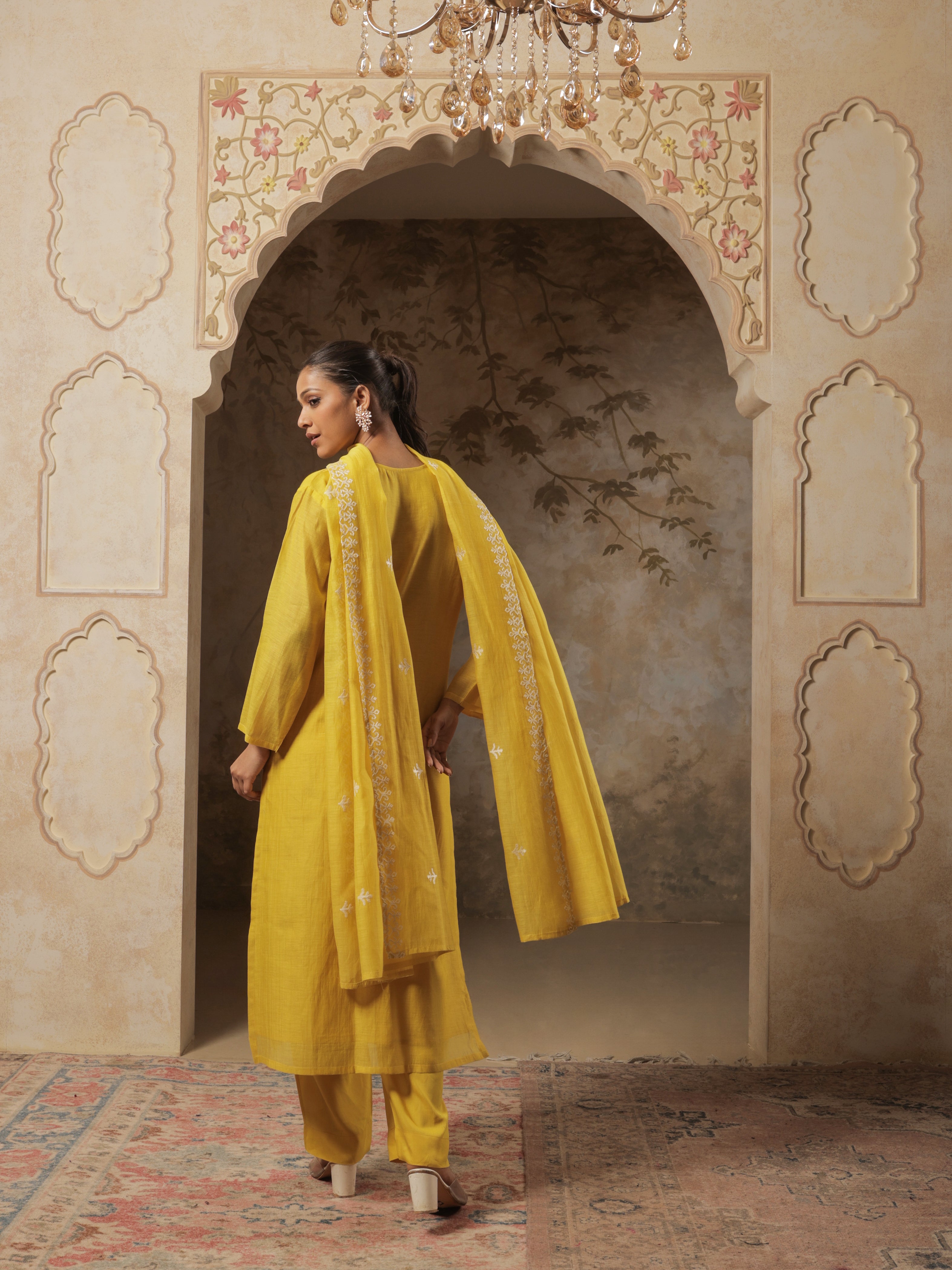 Suhana Pure Mul Chanderi Embroidered Kurta Set with Dupatta - Golden Mustard