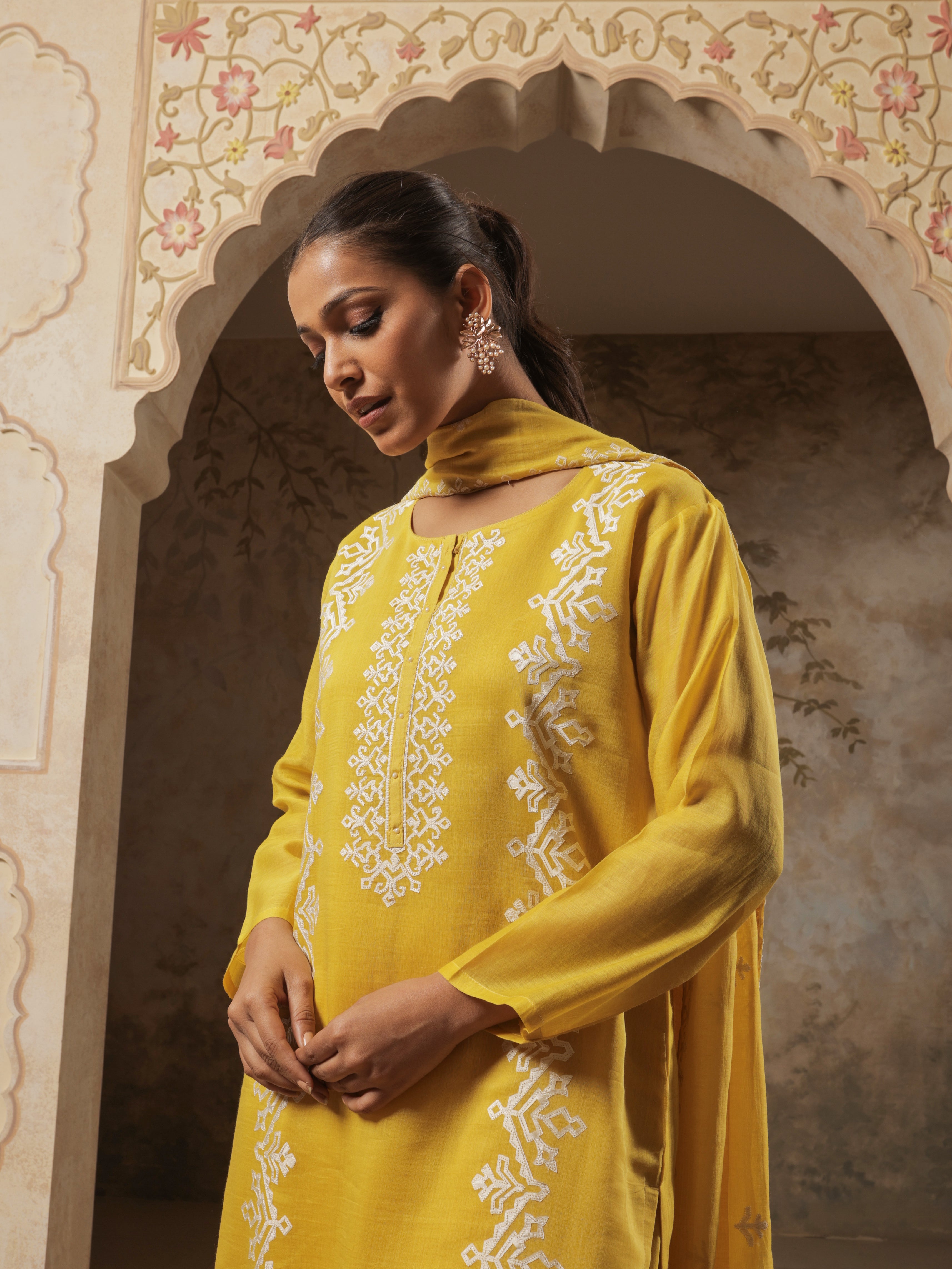 Suhana Pure Mul Chanderi Embroidered Kurta Set with Dupatta - Golden Mustard