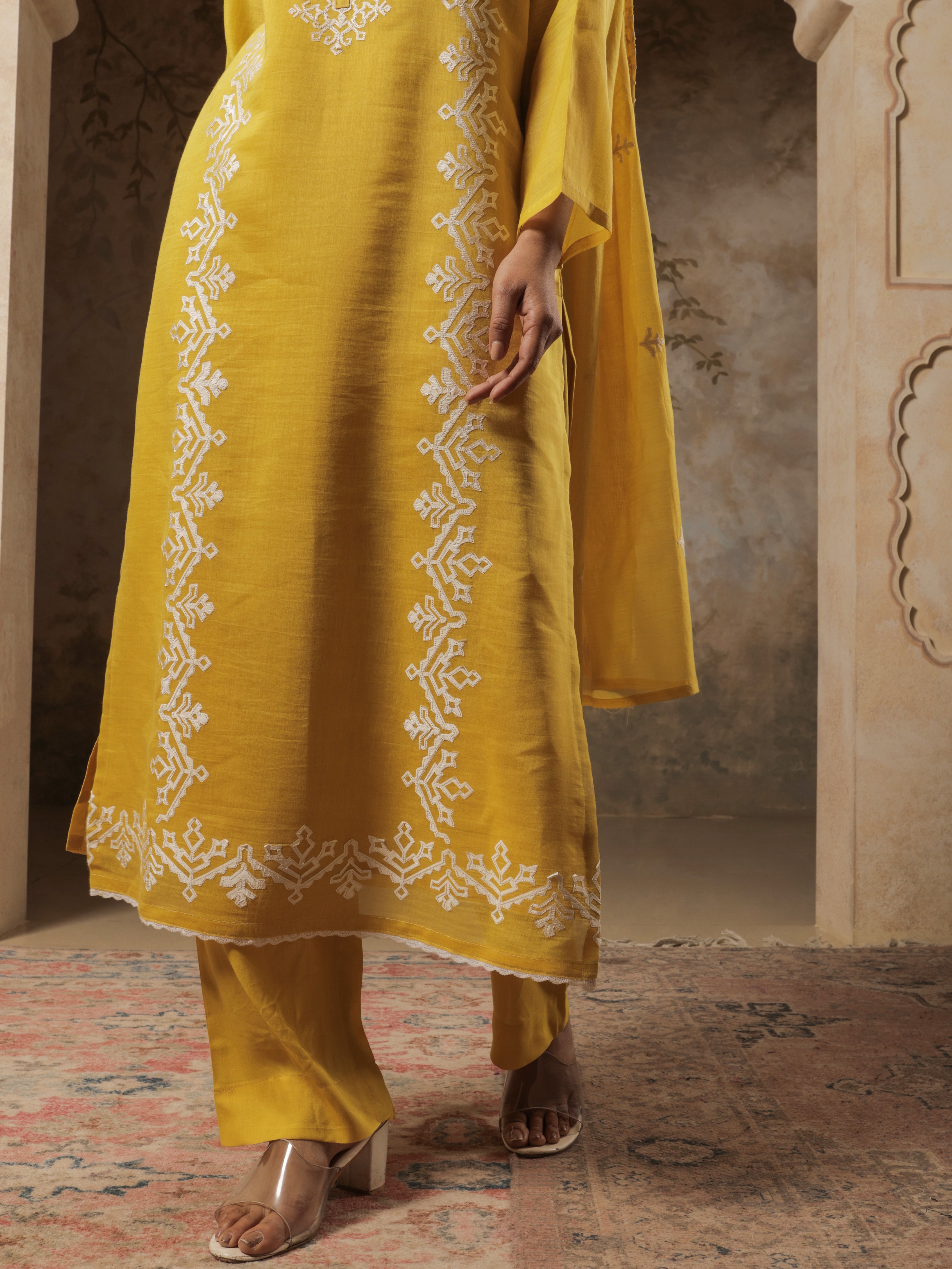 Suhana Pure Mul Chanderi Embroidered Kurta Set with Dupatta - Golden Mustard