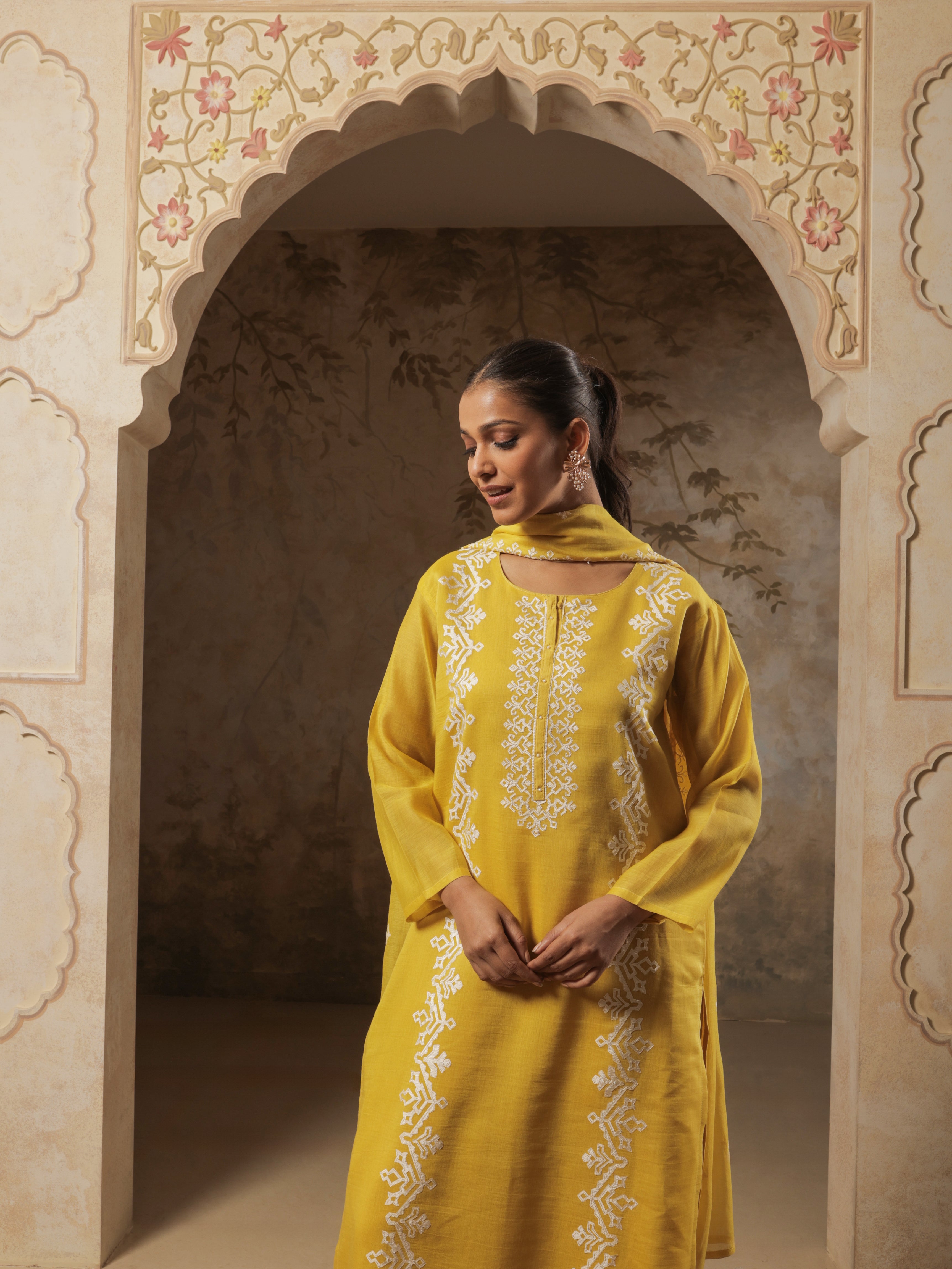 Suhana Pure Mul Chanderi Embroidered Kurta Set with Dupatta - Golden Mustard