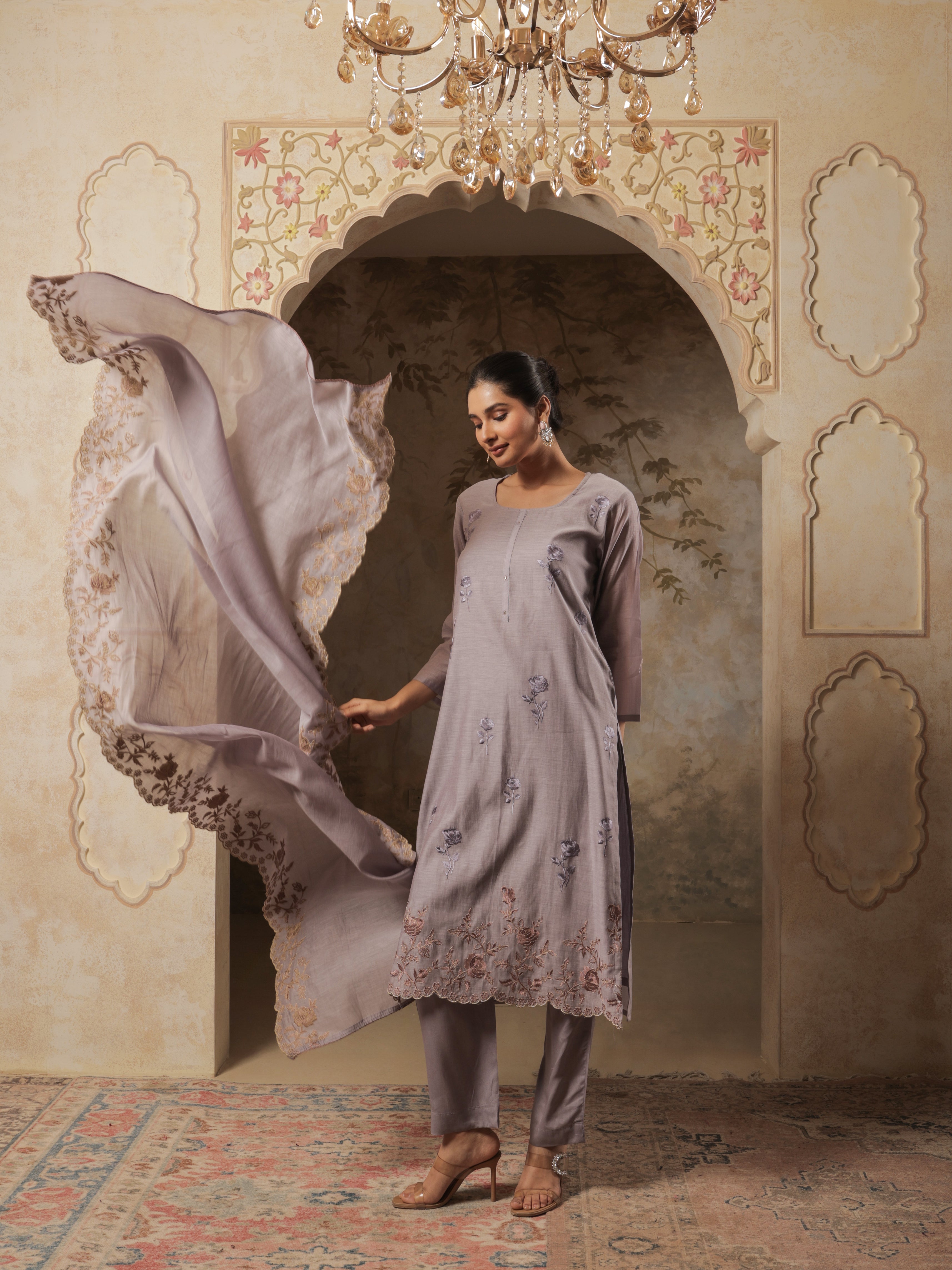 Zyra Pure Mul Chanderi Embroiderd Kurta Set with Dupatta - Mauve Grey