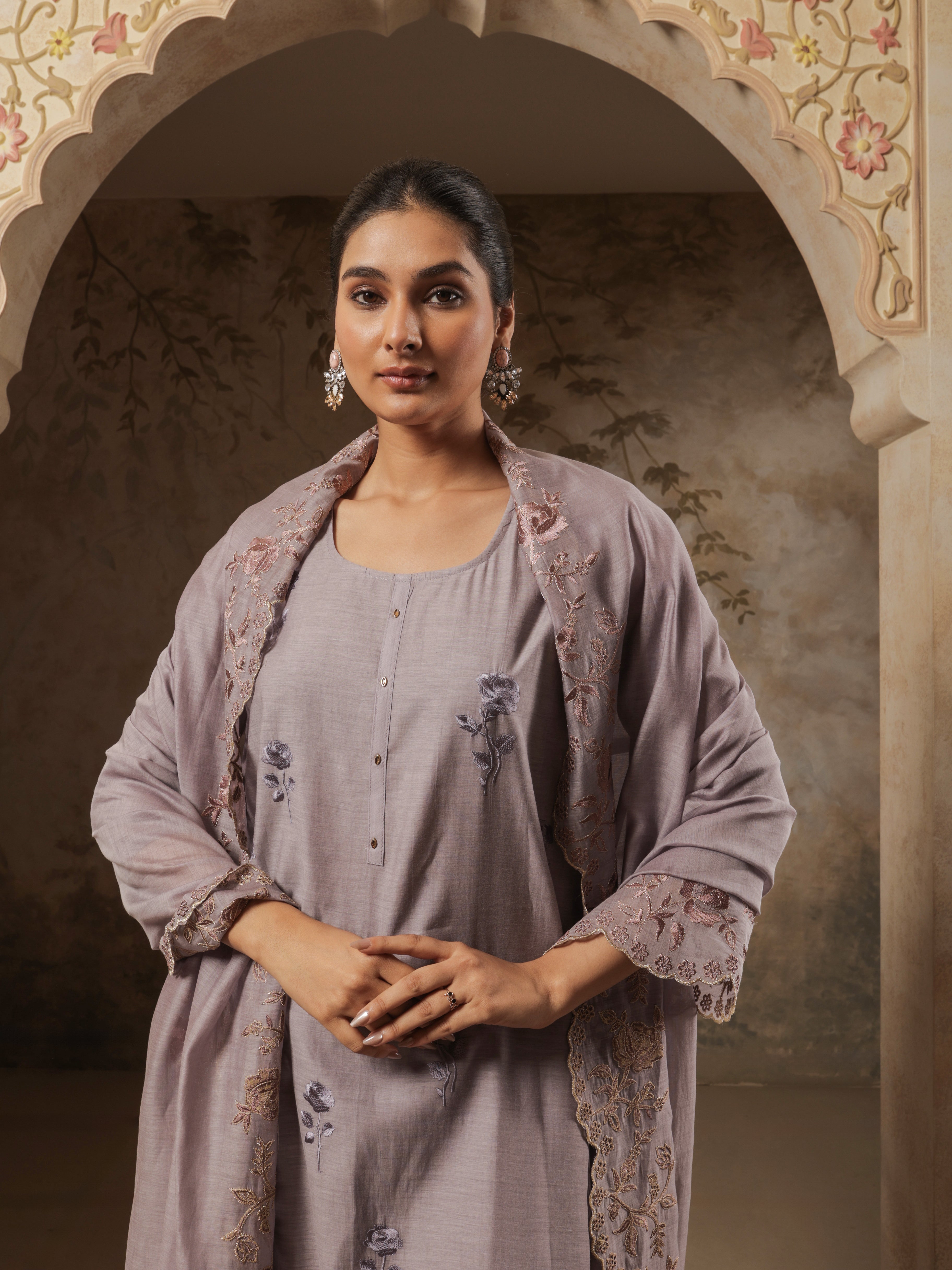 Zyra Pure Mul Chanderi Embroiderd Kurta Set with Dupatta - Mauve Grey