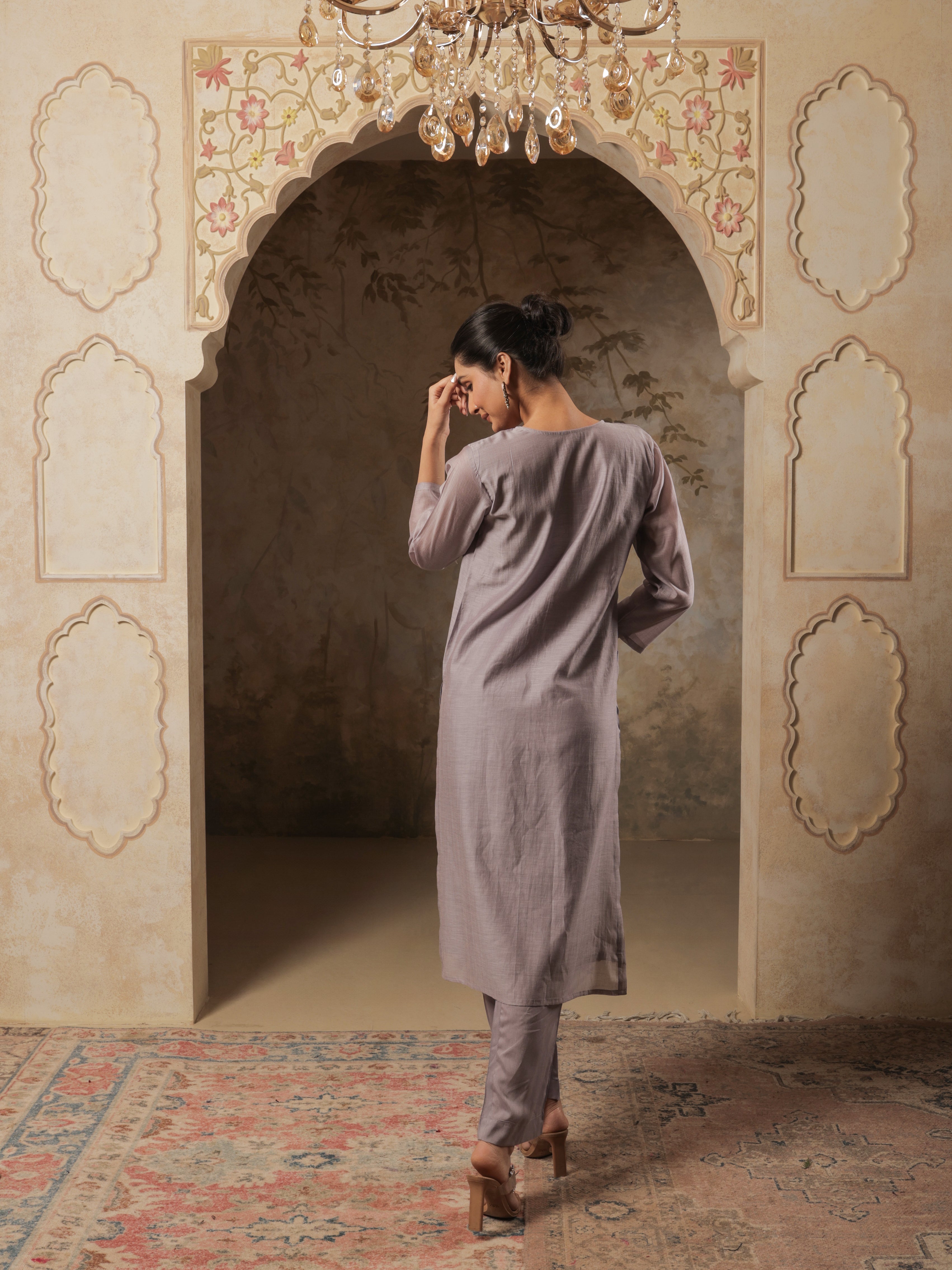 Zyra Pure Mul Chanderi Embroiderd Kurta Set with Dupatta - Mauve Grey