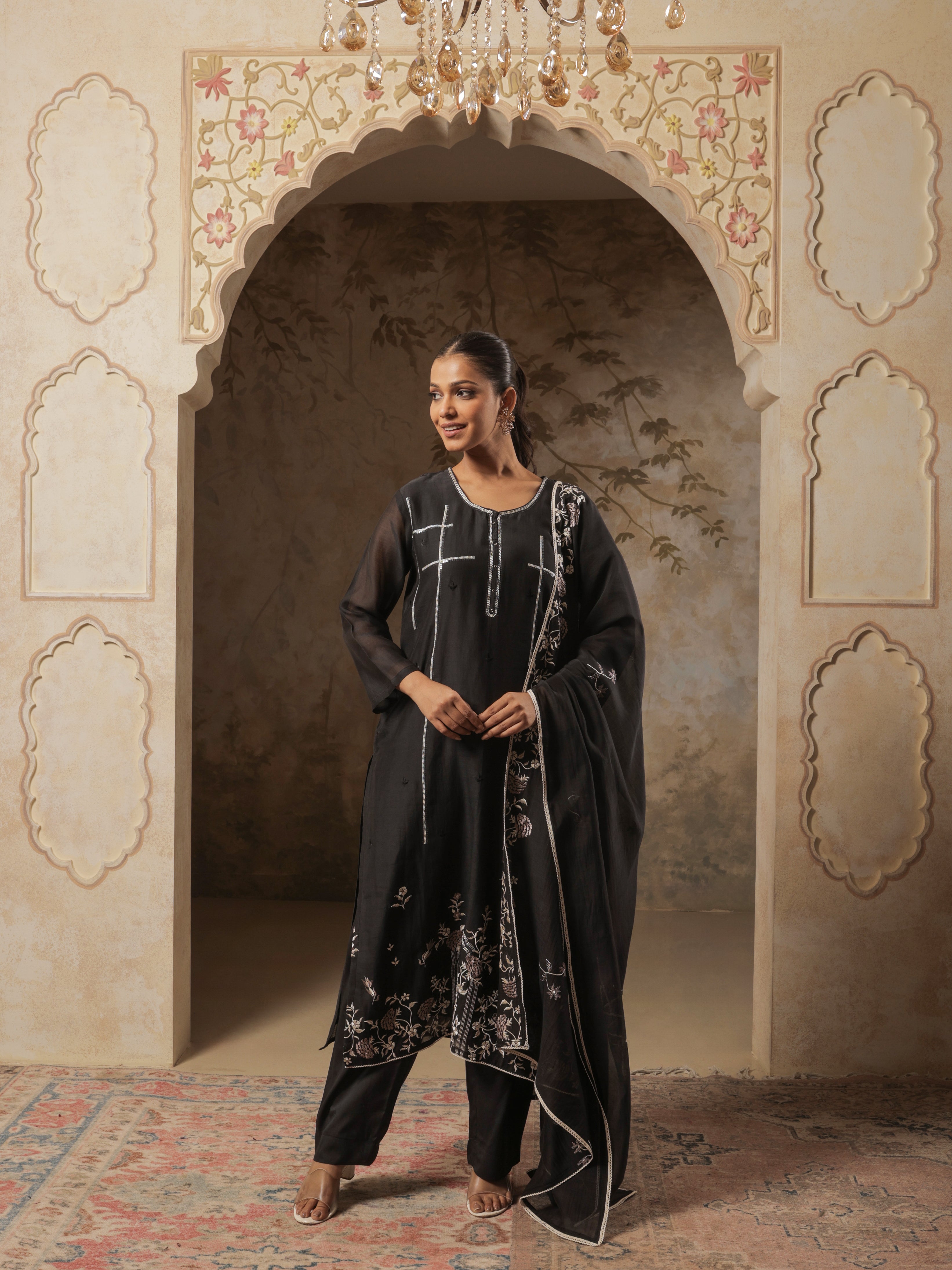 Nyra Pure Mul Chanderi Embroidered Kurta Set with Dupatta - Black