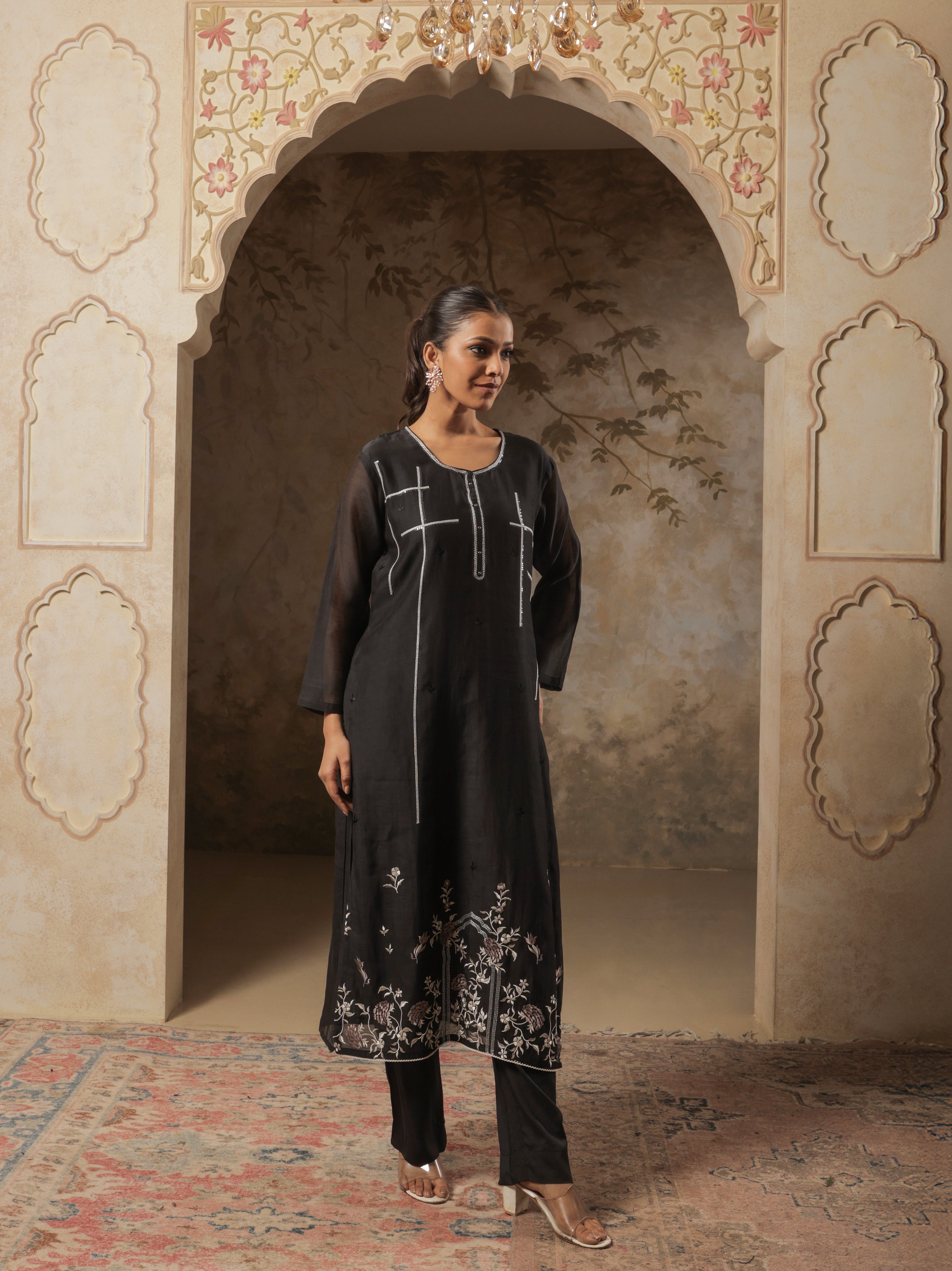 Nyra Pure Mul Chanderi Embroidered Kurta Set with Dupatta - Black
