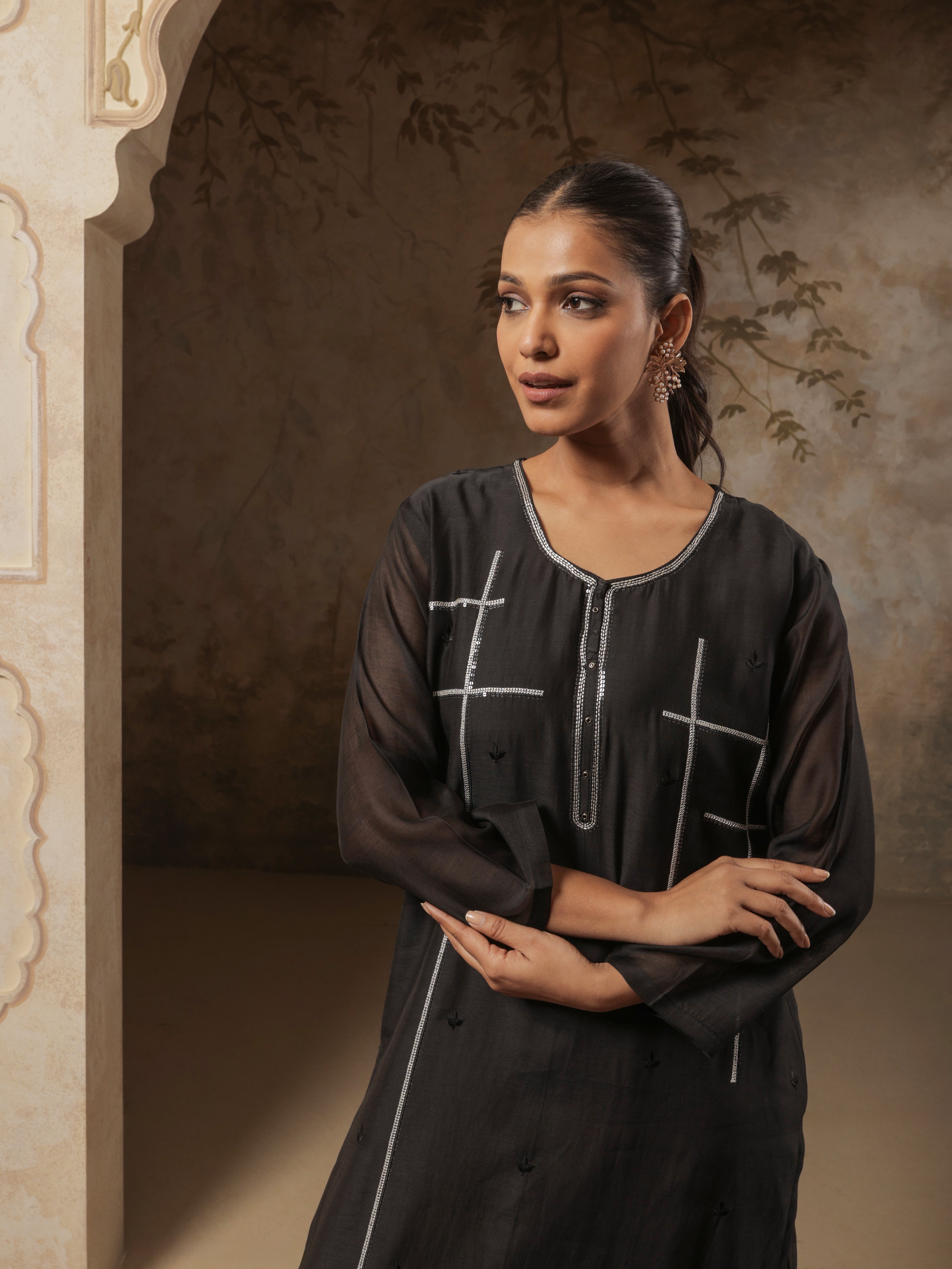 Nyra Pure Mul Chanderi Embroidered Kurta Set with Dupatta - Black