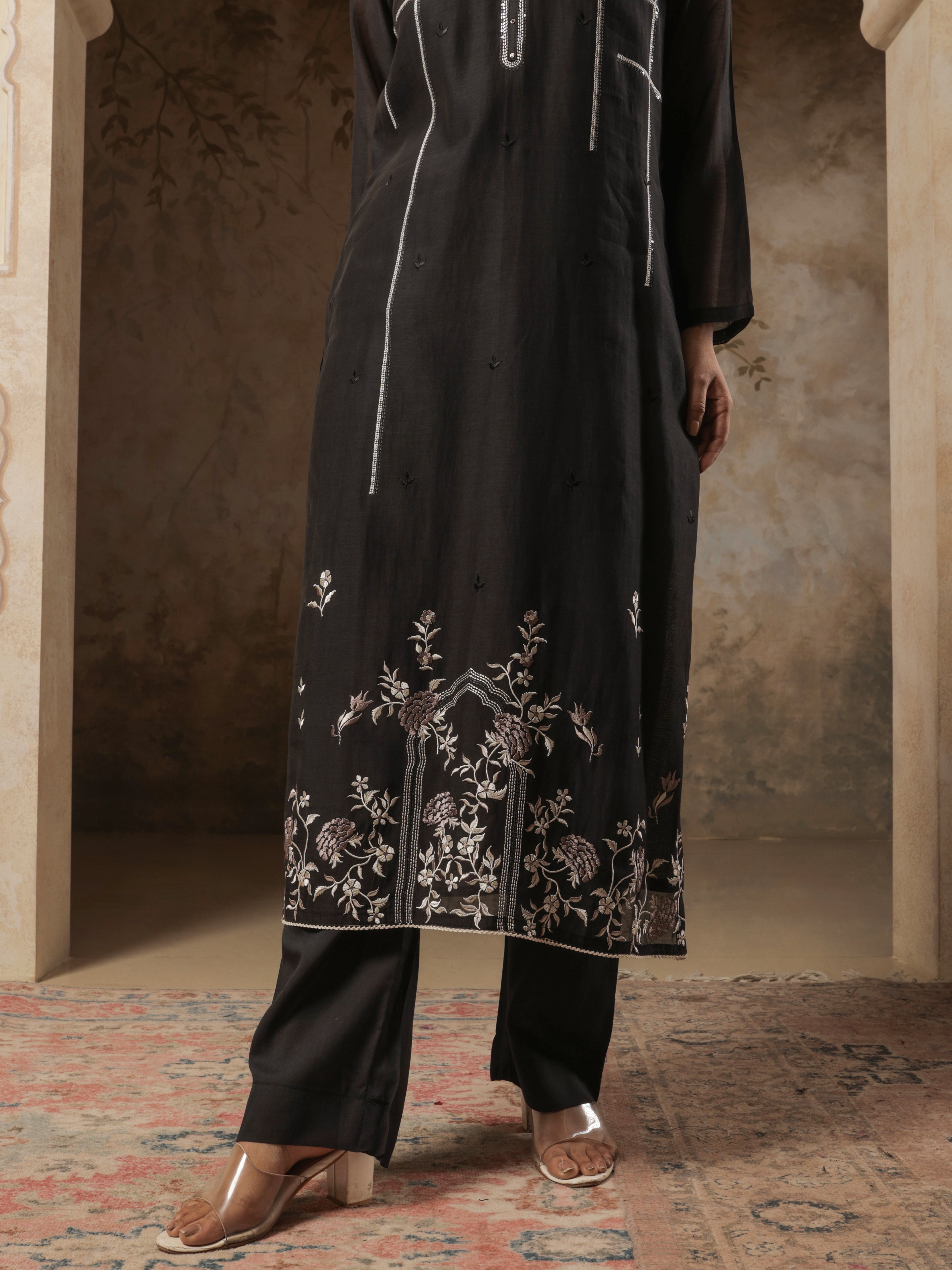 Nyra Pure Mul Chanderi Embroidered Kurta Set with Dupatta - Black