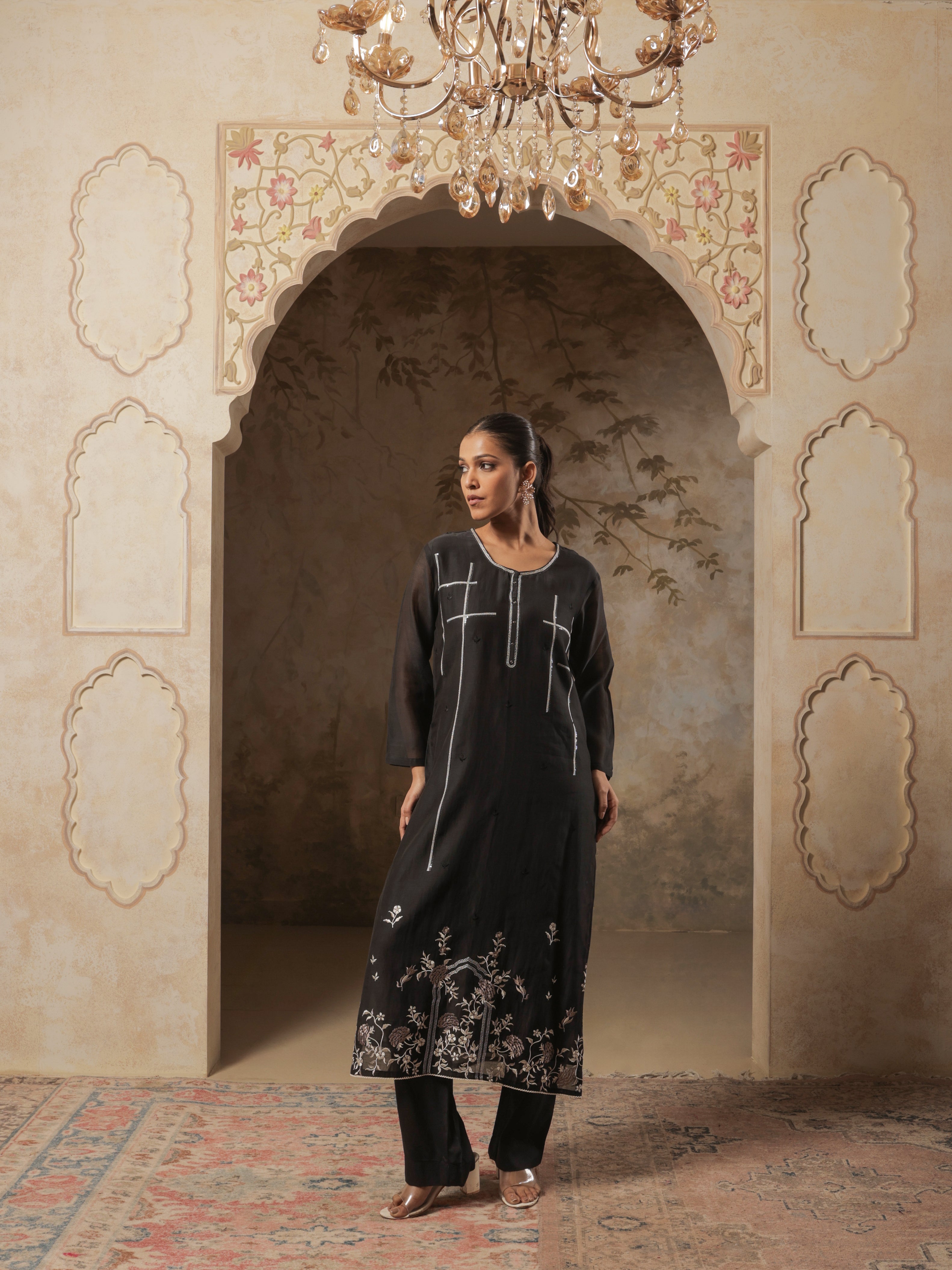 Nyra Pure Mul Chanderi Embroidered Kurta Set with Dupatta - Black