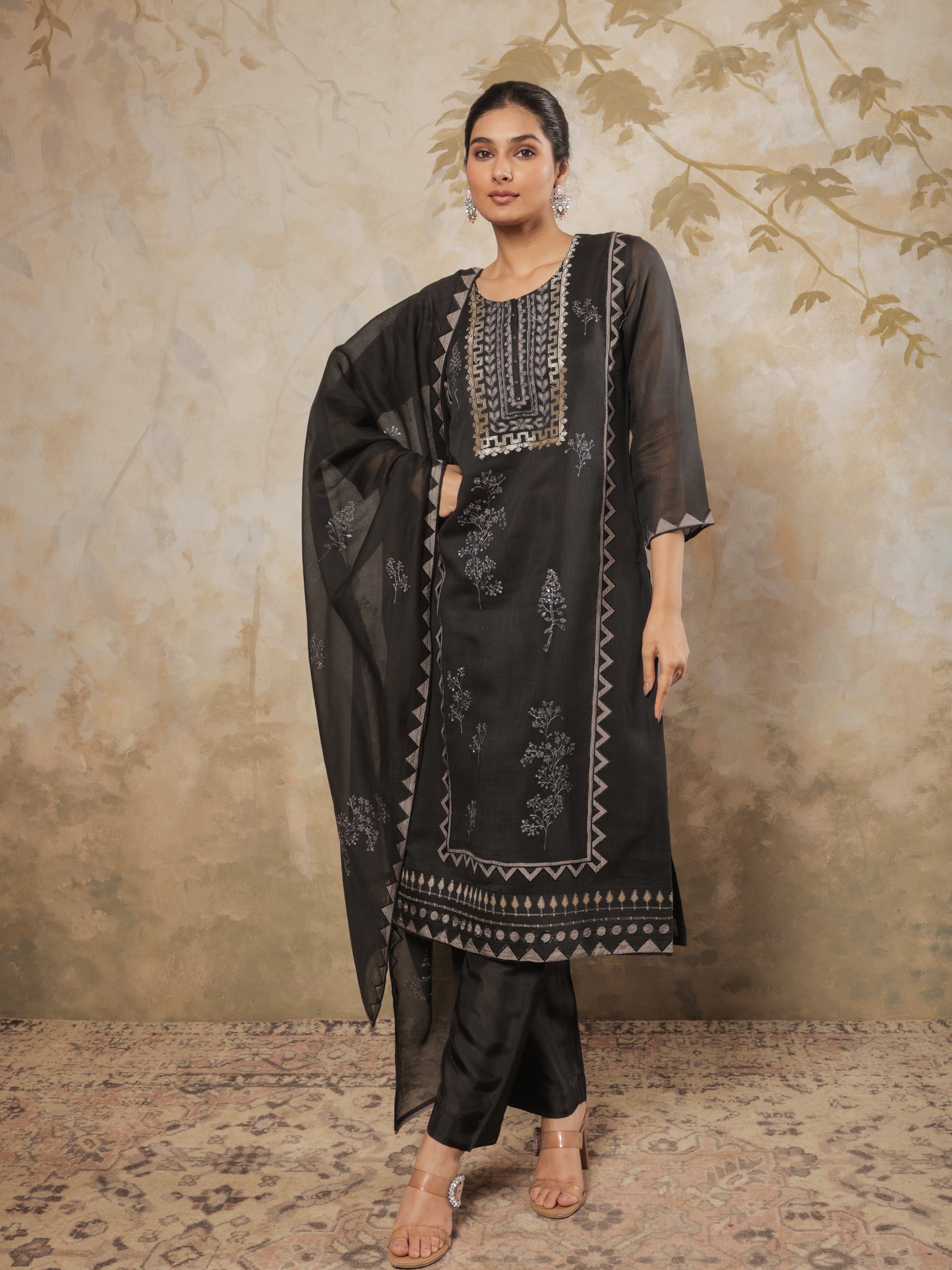 Zayra Pure Mul Chanderi Embroidered Kurta Set with Dupatta - Black
