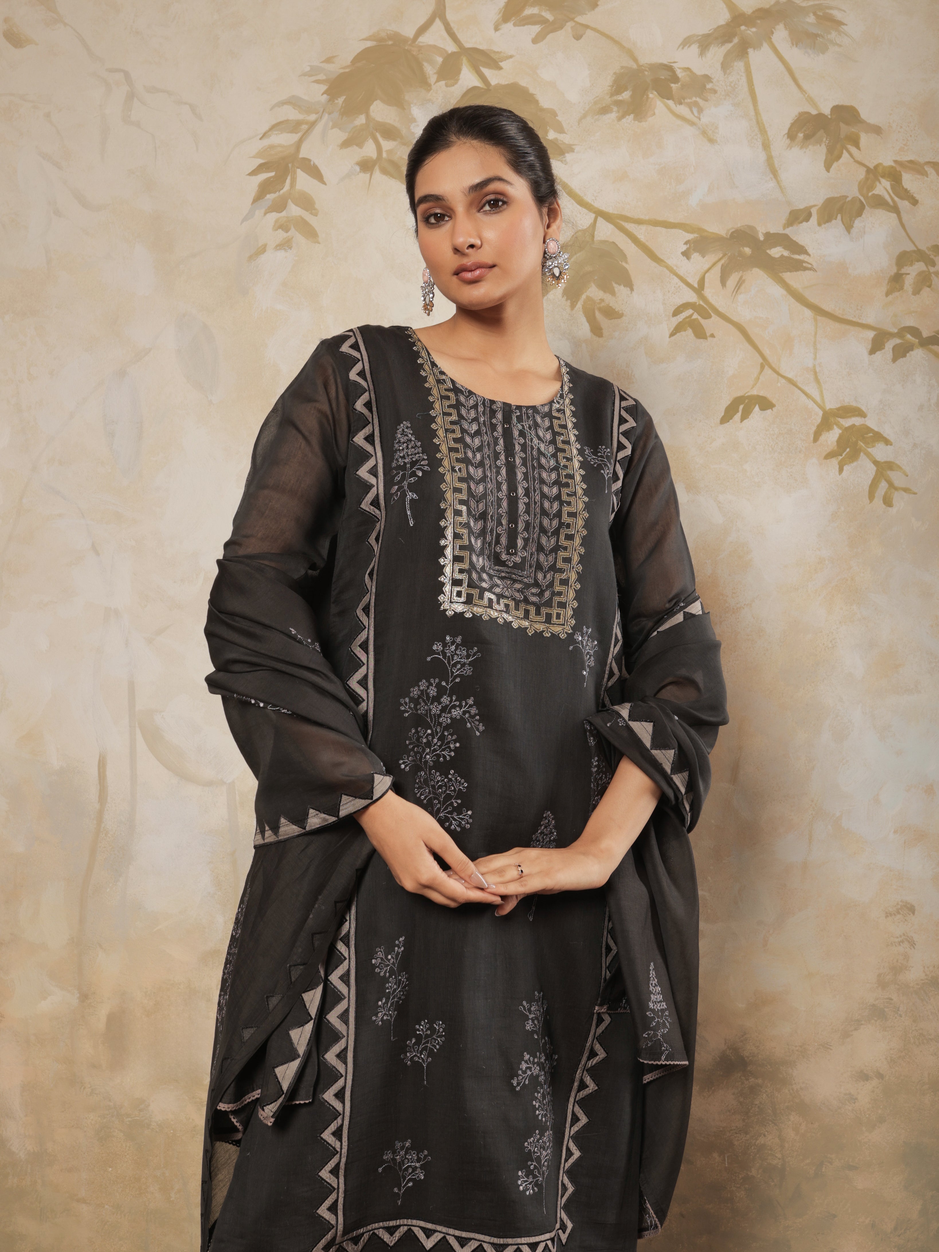 Zayra Pure Mul Chanderi Embroidered Kurta Set with Dupatta - Black