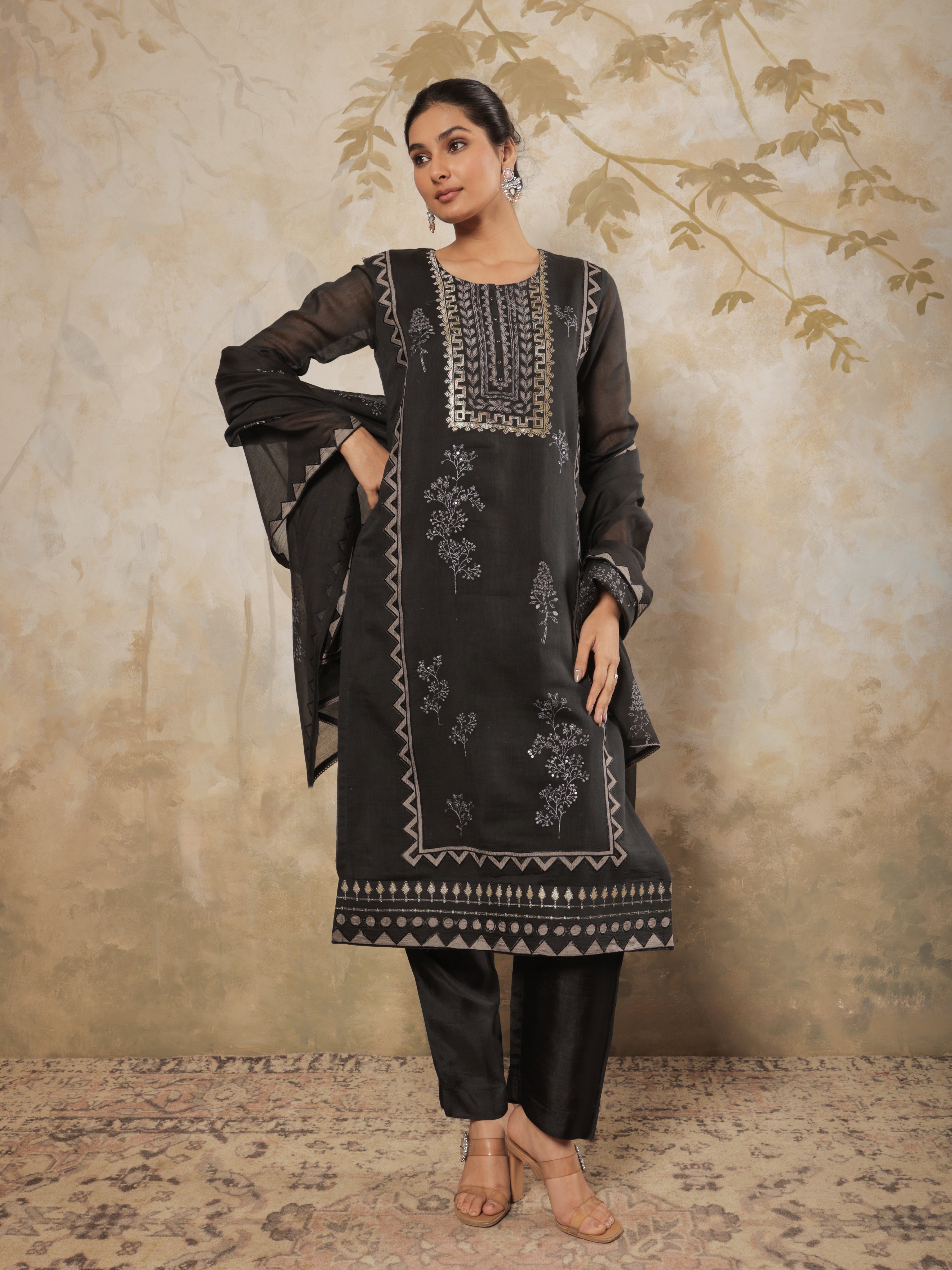 Zayra Pure Mul Chanderi Embroidered Kurta Set with Dupatta - Black