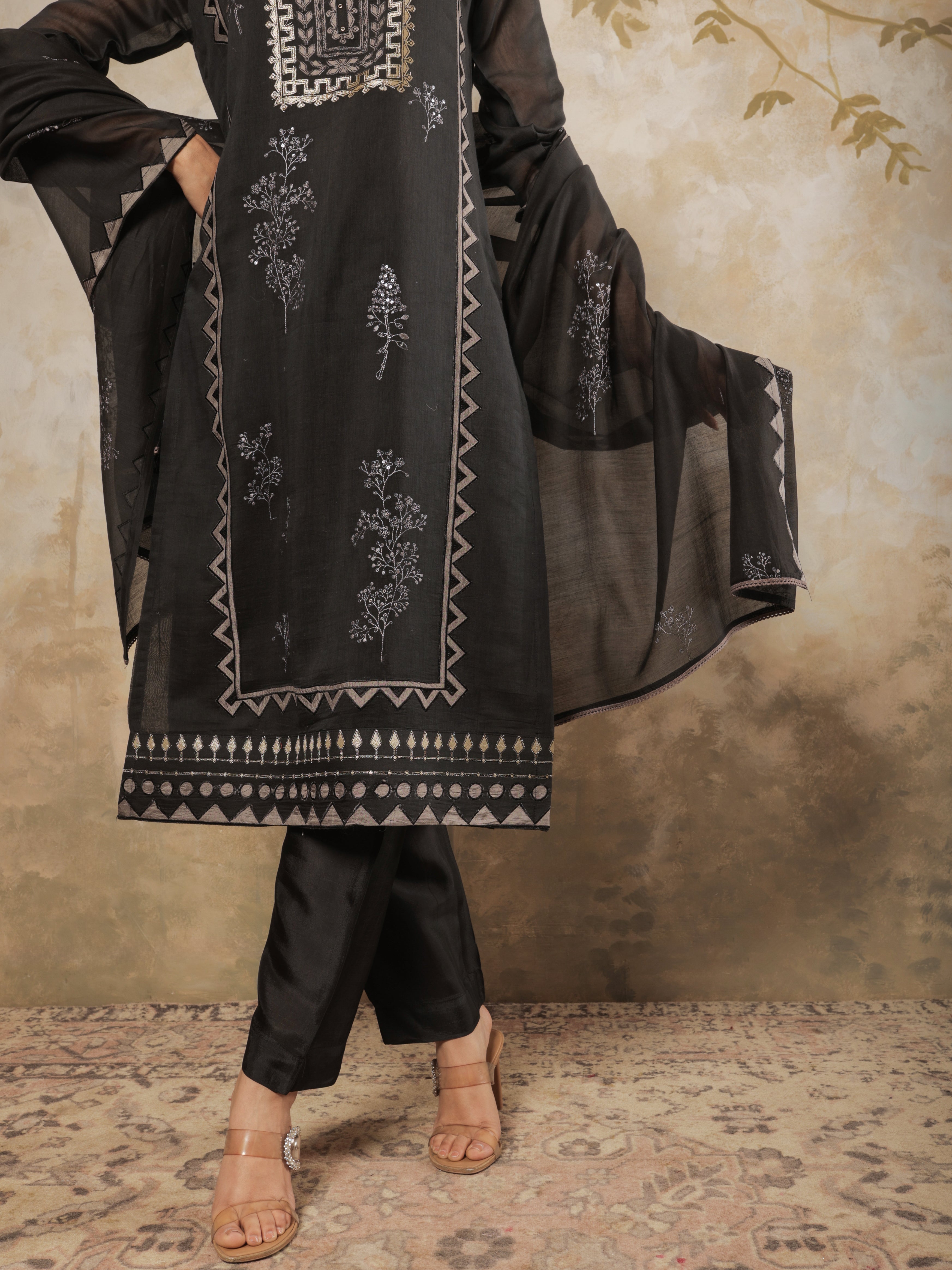 Zayra Pure Mul Chanderi Embroidered Kurta Set with Dupatta - Black