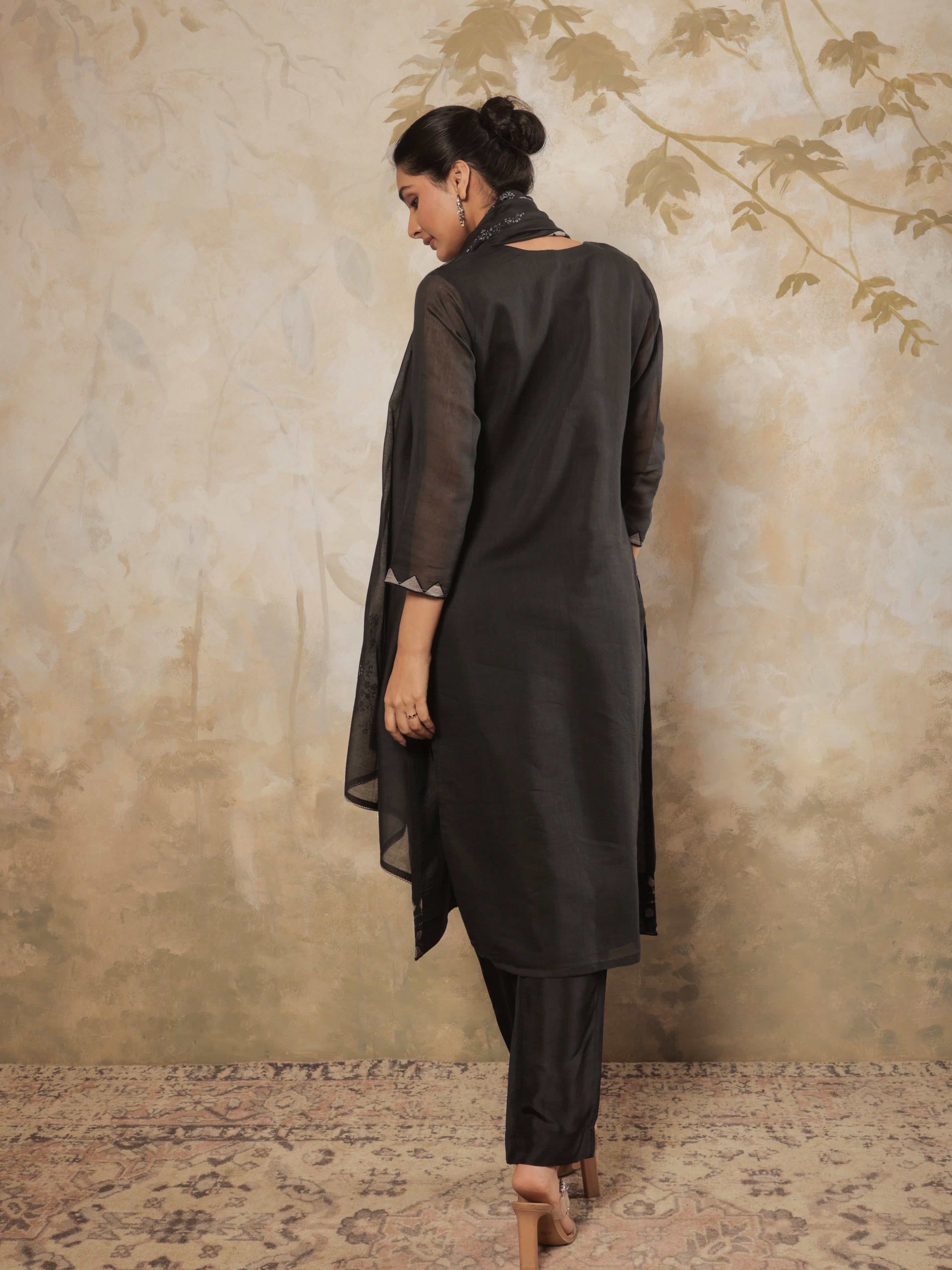 Zayra Pure Mul Chanderi Embroidered Kurta Set with Dupatta - Black