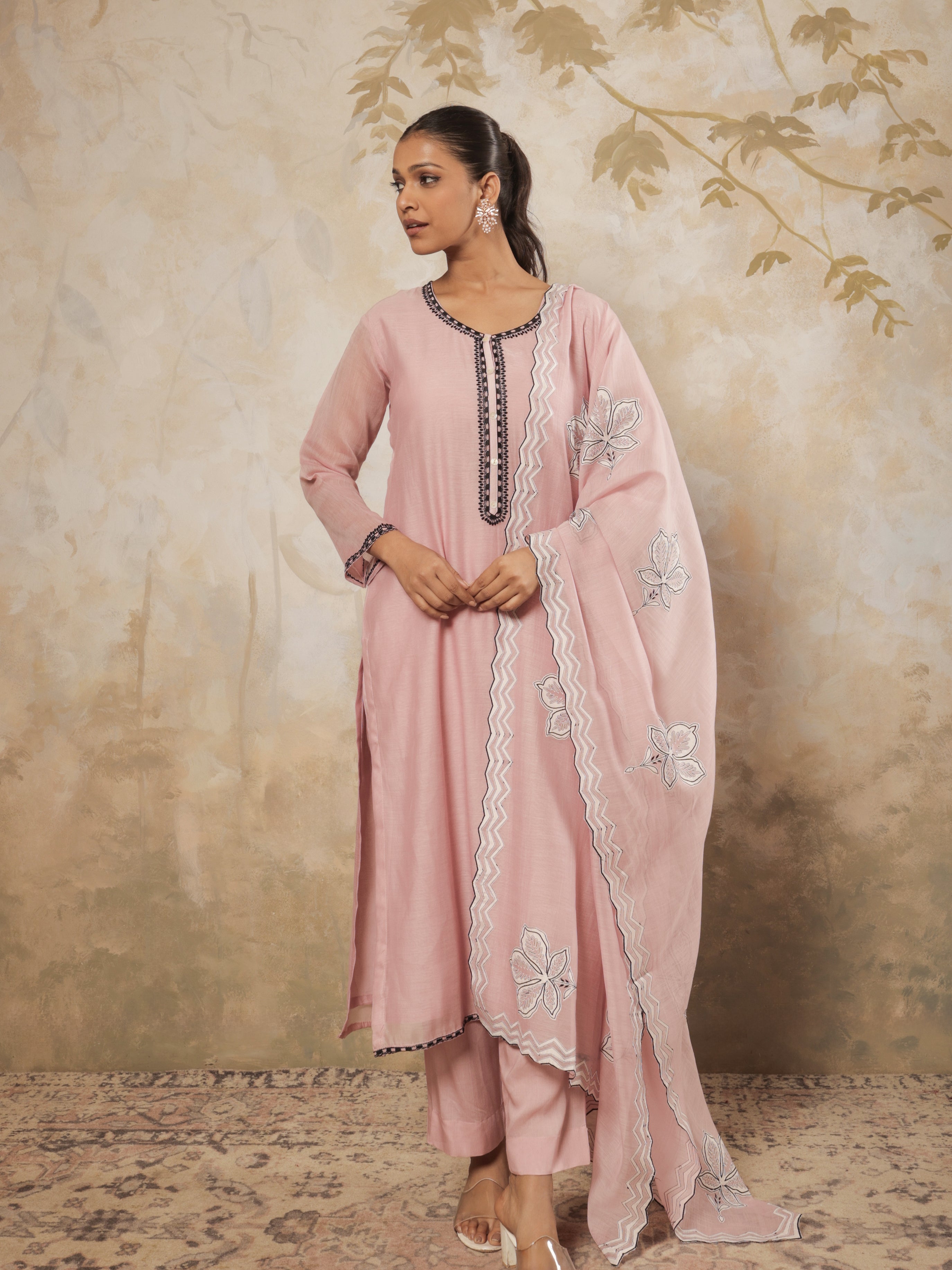 Myra Pure Mul Chanderi Embroidered Kurta Set with Dupatta - Blush Pink