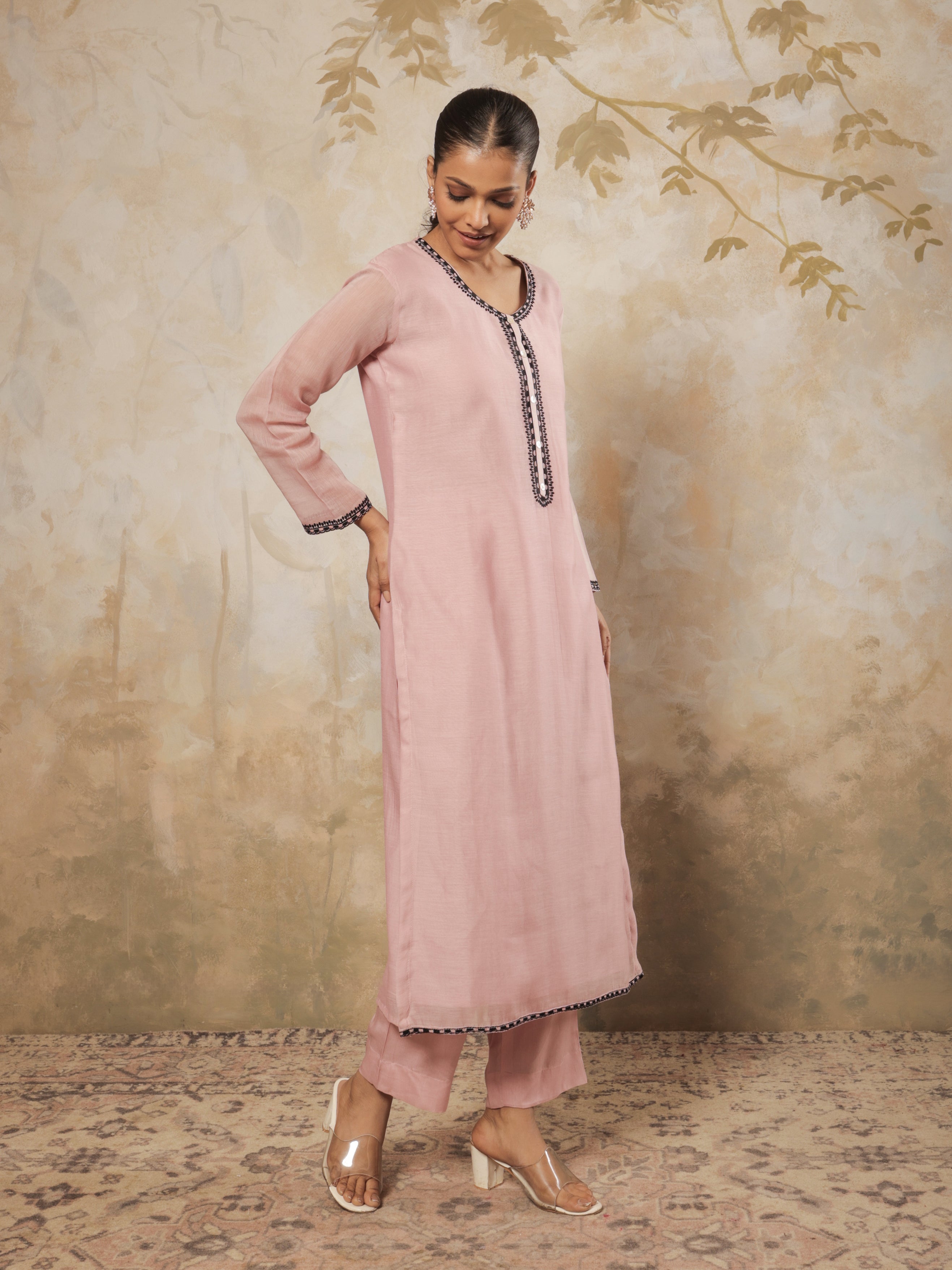 Myra Pure Mul Chanderi Embroidered Kurta Set with Dupatta - Blush Pink