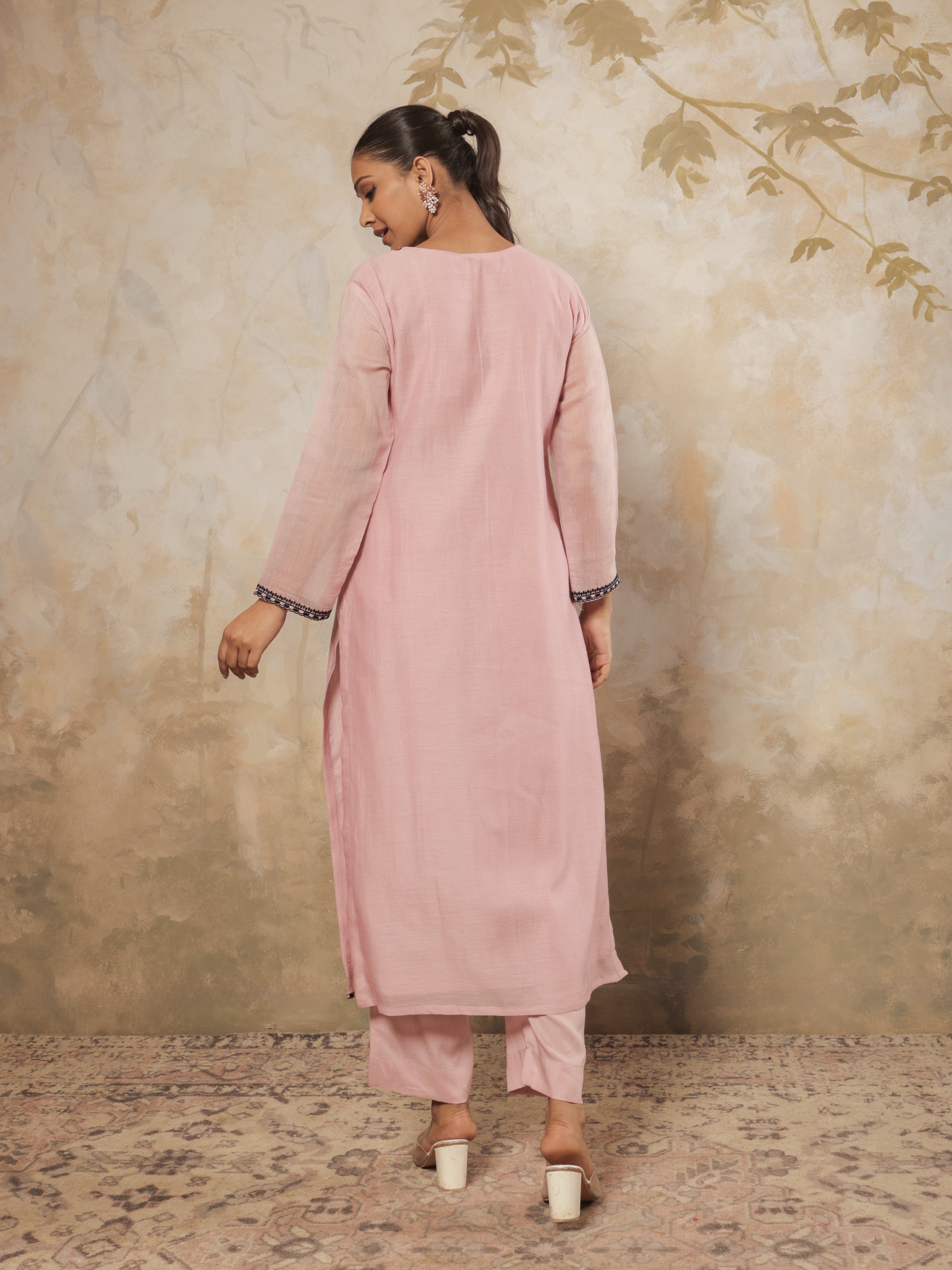 Myra Pure Mul Chanderi Embroidered Kurta Set with Dupatta - Blush Pink