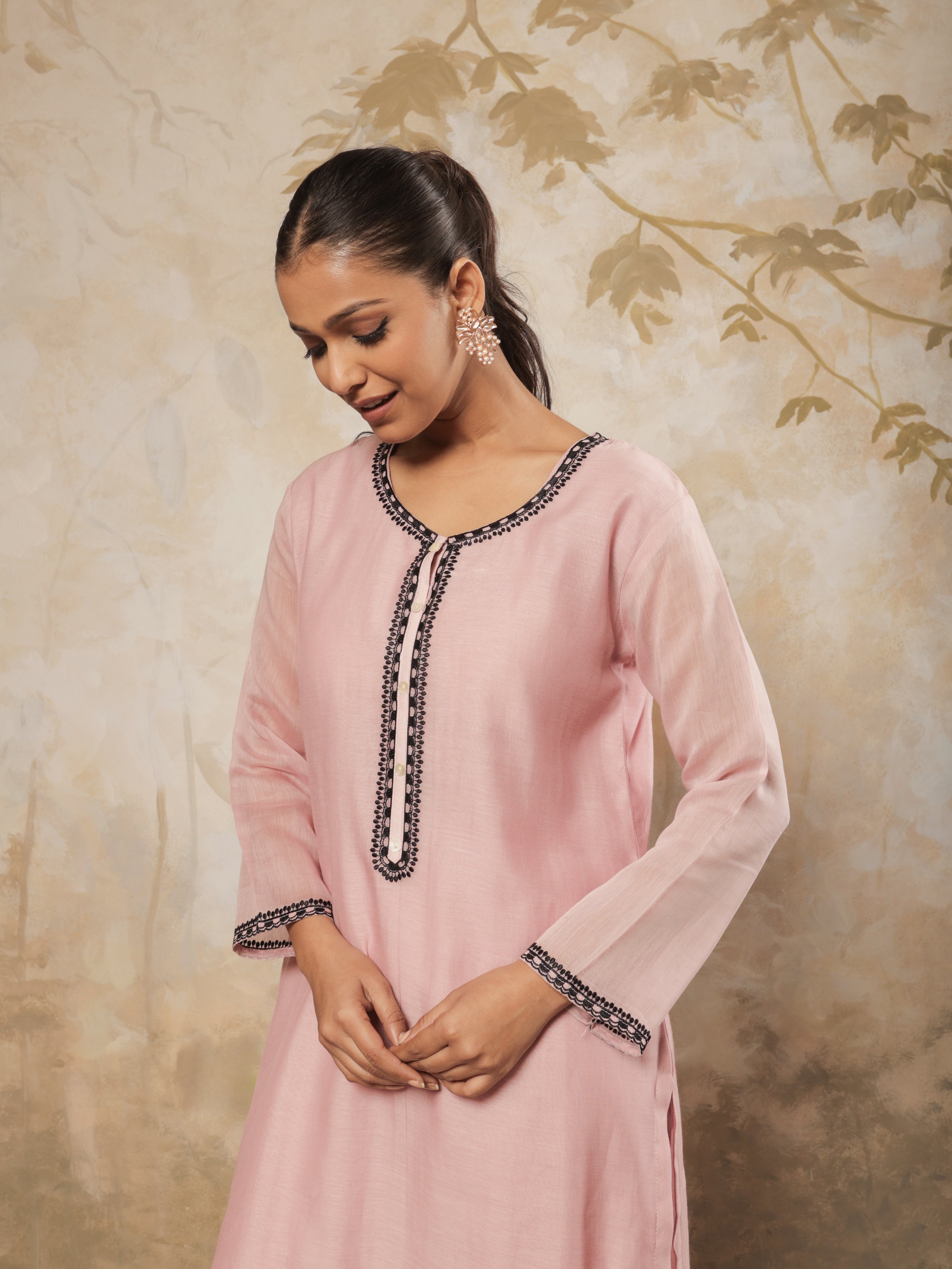 Myra Pure Mul Chanderi Embroidered Kurta Set with Dupatta - Blush Pink