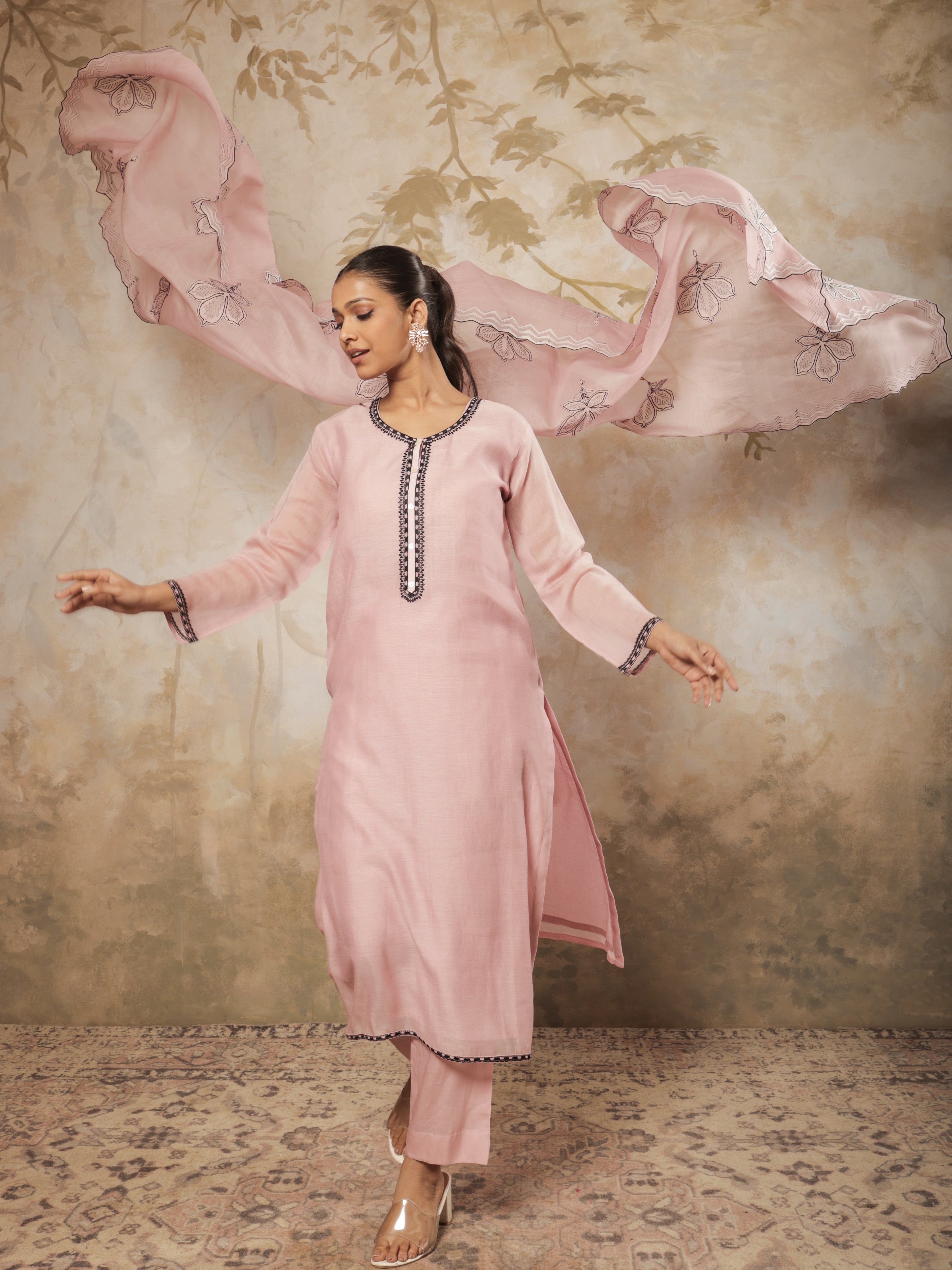 Myra Pure Mul Chanderi Embroidered Kurta Set with Dupatta - Blush Pink