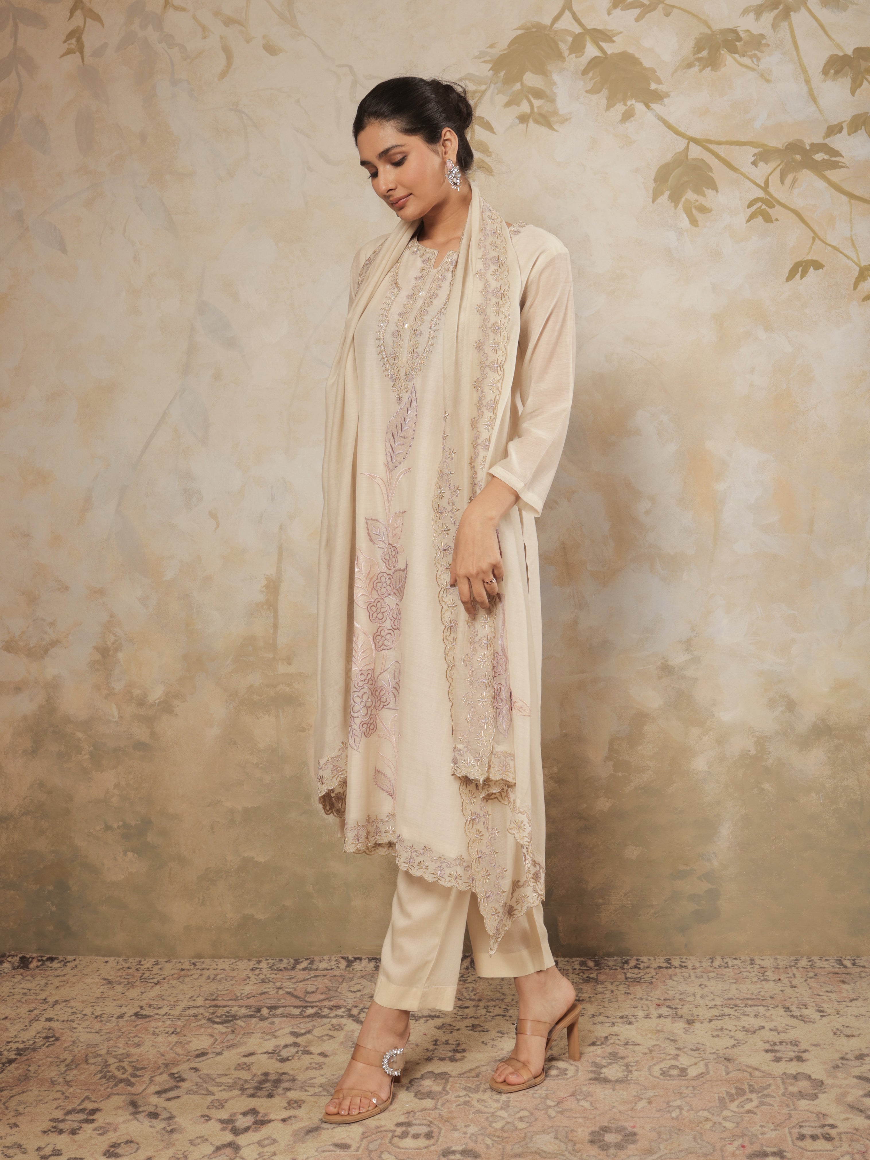 Zivah Pure Mul Chanderi Embroidered Kurta Set with Dupatta - Soft Beige
