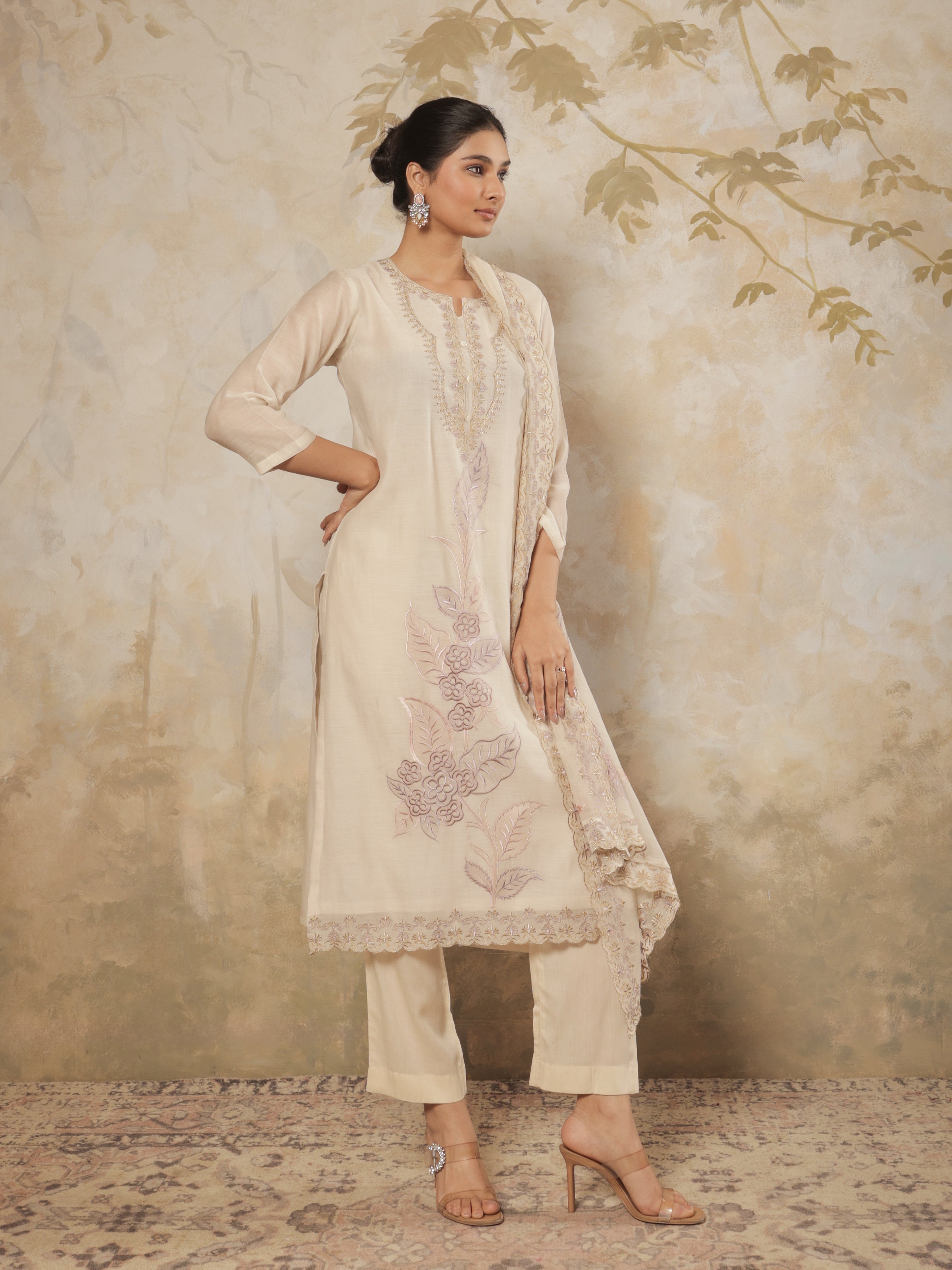 Zivah Pure Mul Chanderi Embroidered Kurta Set with Dupatta - Soft Beige