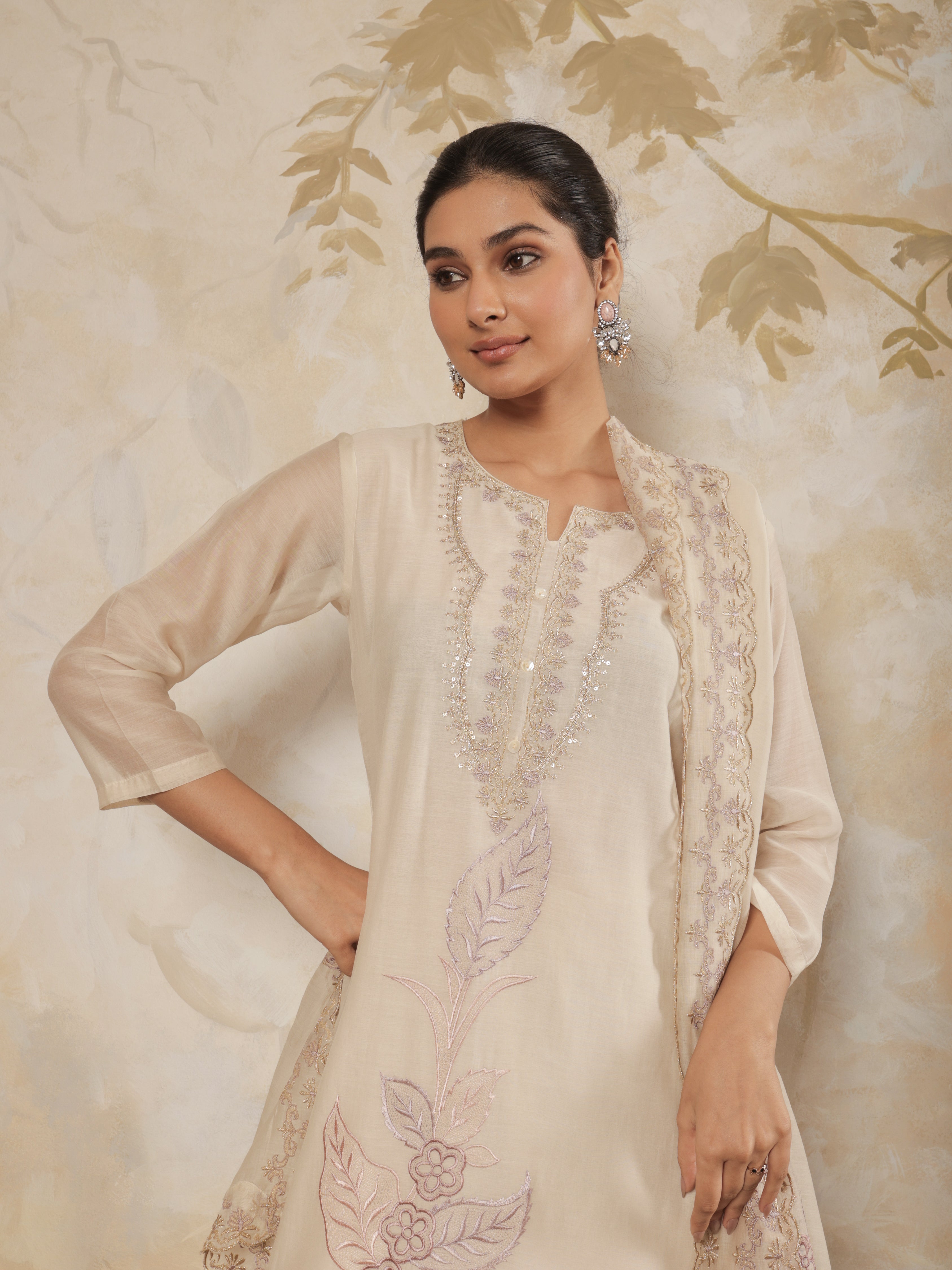 Zivah Pure Mul Chanderi Embroidered Kurta Set with Dupatta - Soft Beige