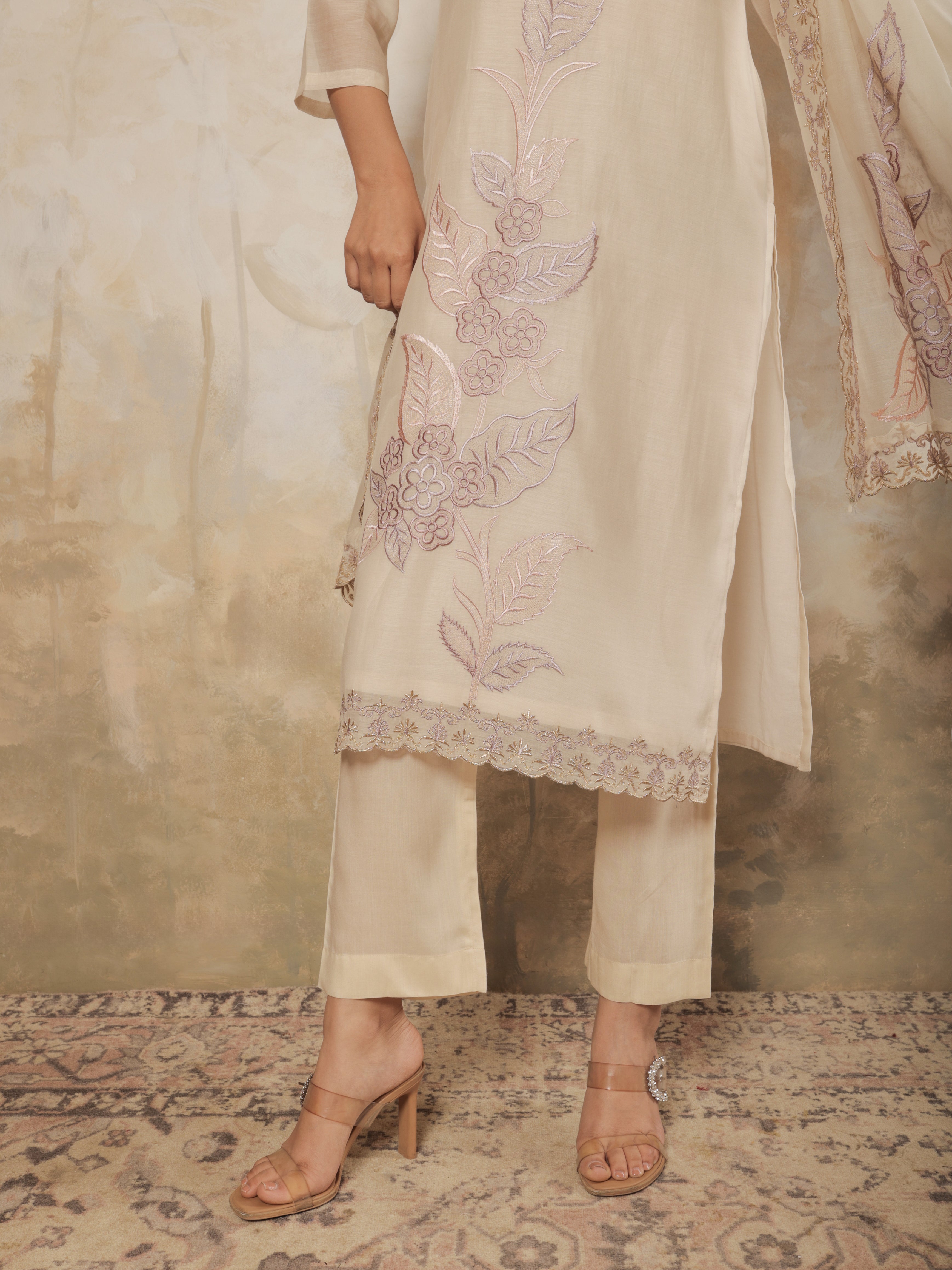 Zivah Pure Mul Chanderi Embroidered Kurta Set with Dupatta - Soft Beige