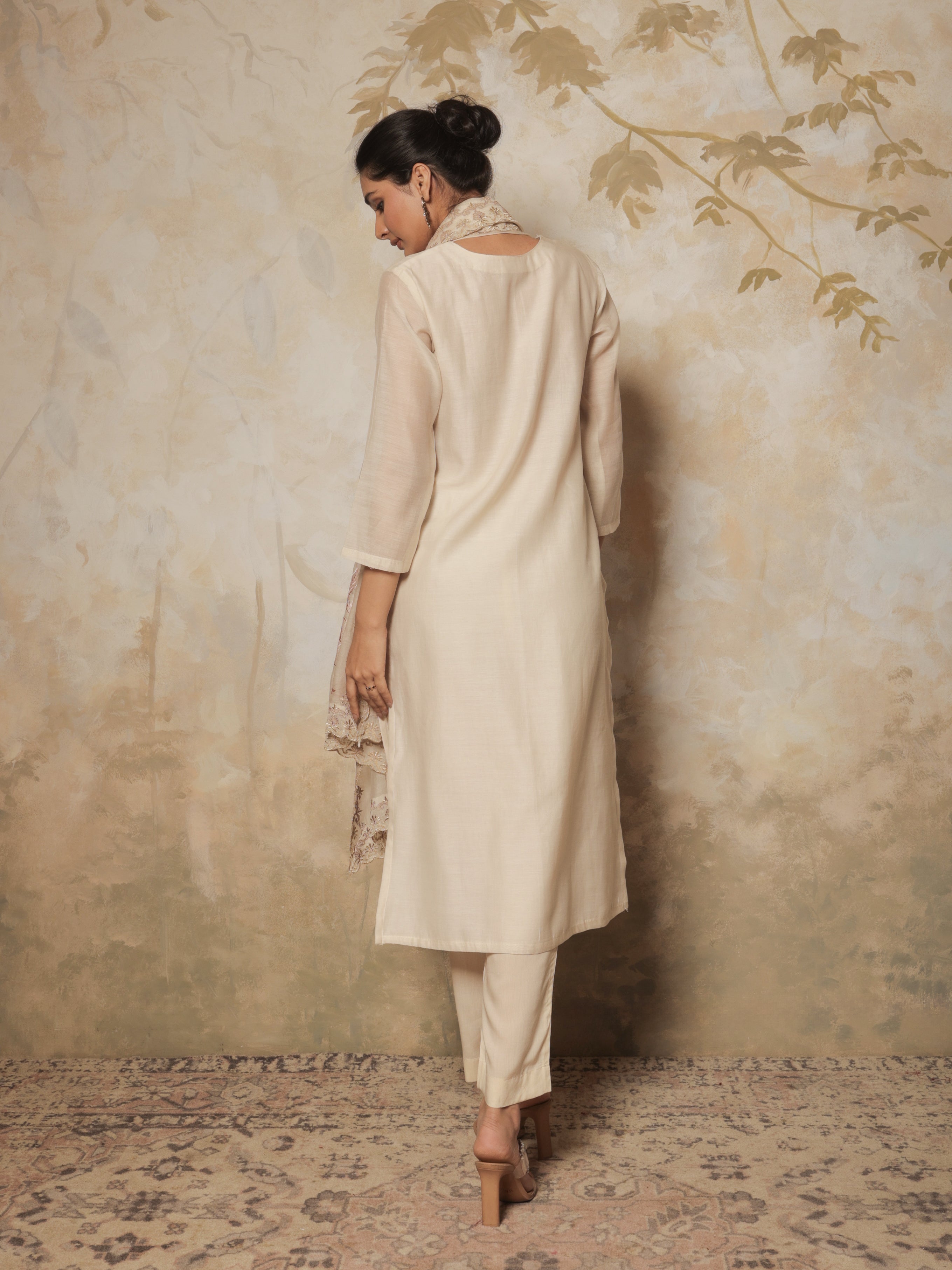 Zivah Pure Mul Chanderi Embroidered Kurta Set with Dupatta - Soft Beige